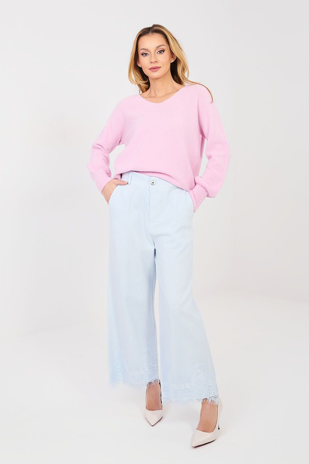 Azzurro / Universale Jeans da donna a gamba larga in cotone