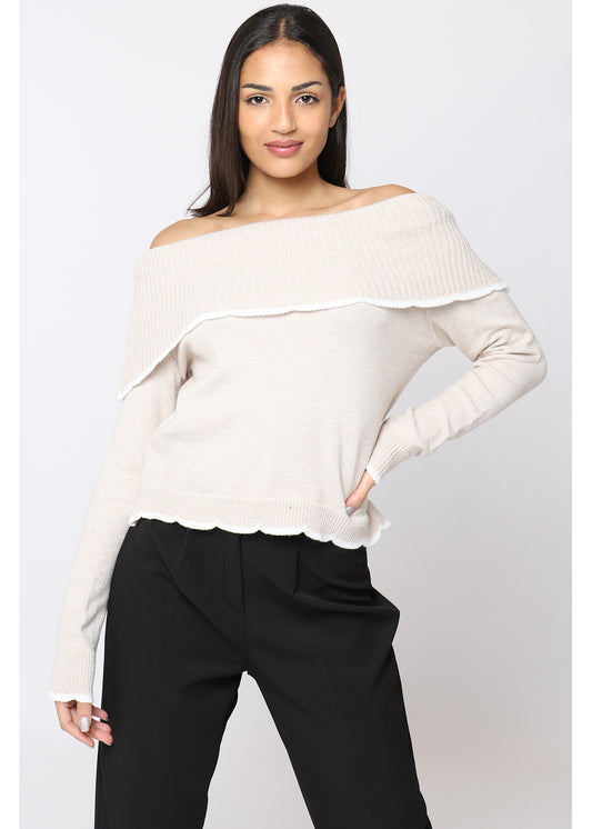 Boat neck sweater with turn-up