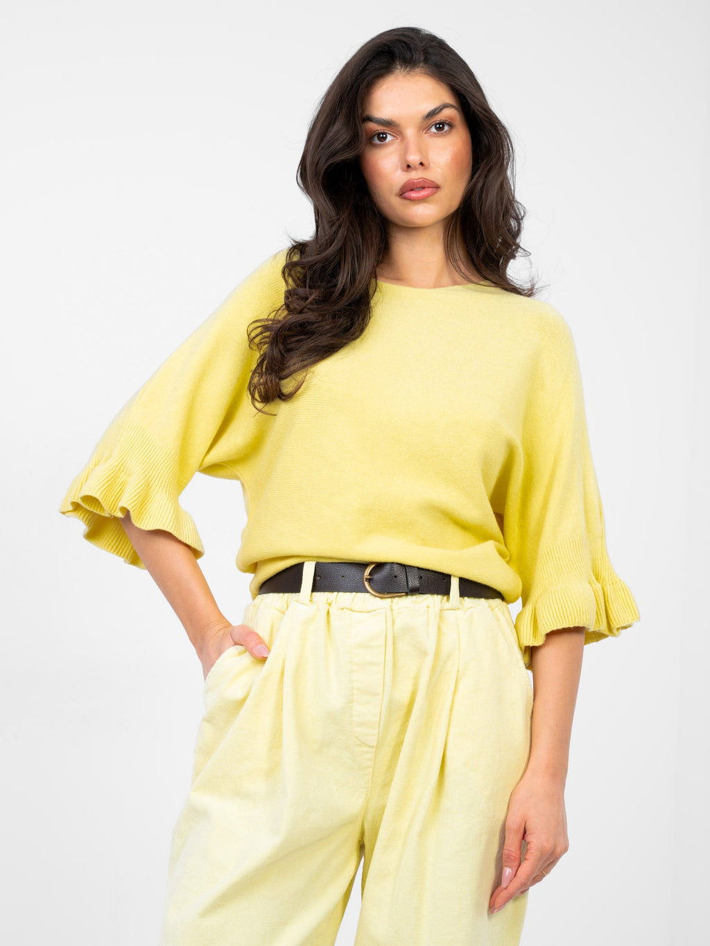 Giallo / ONE SIZE Maglia Elegante con Maniche a Volant