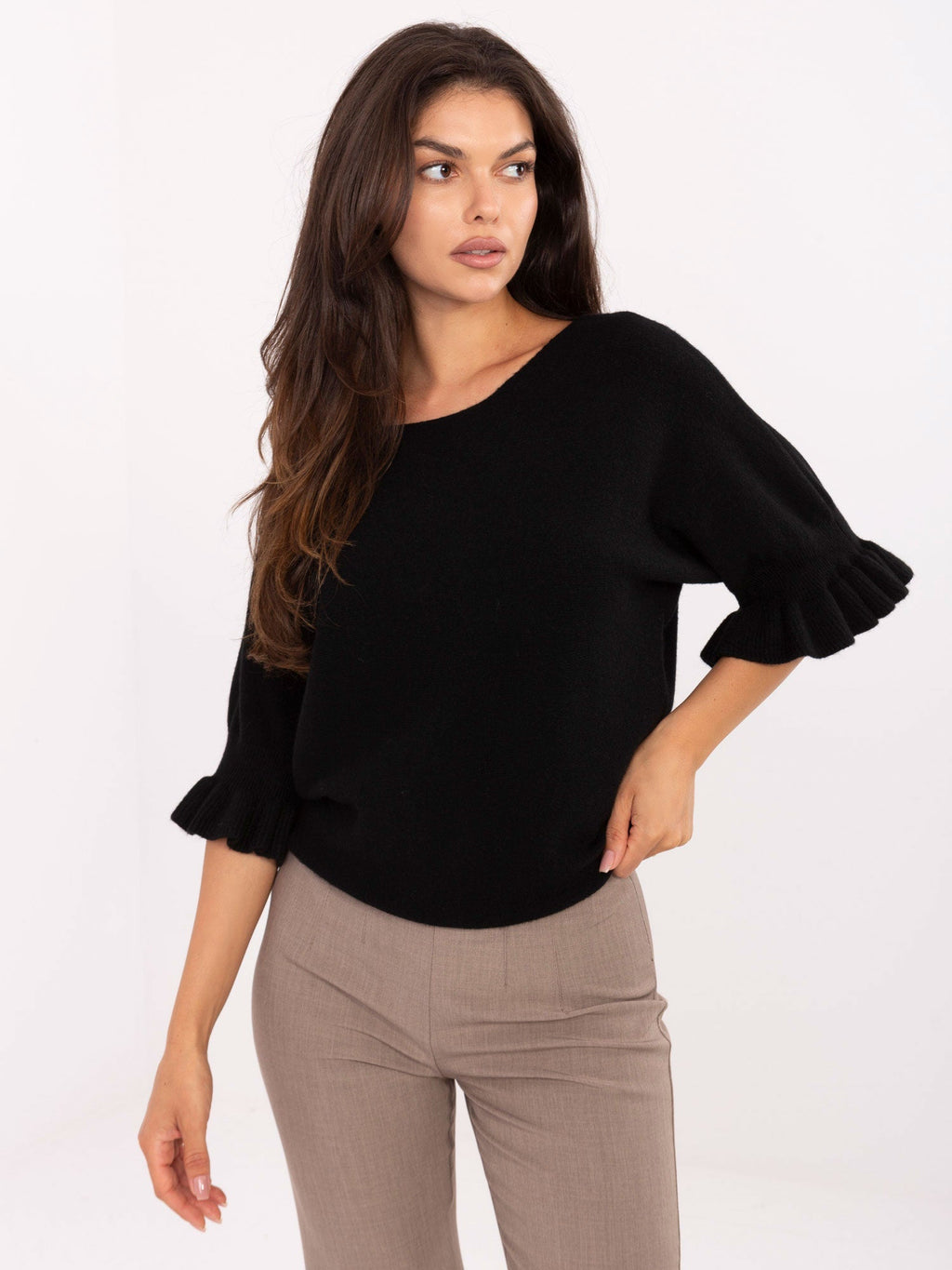 Nero / ONE SIZE Maglia Elegante con Maniche a Volant