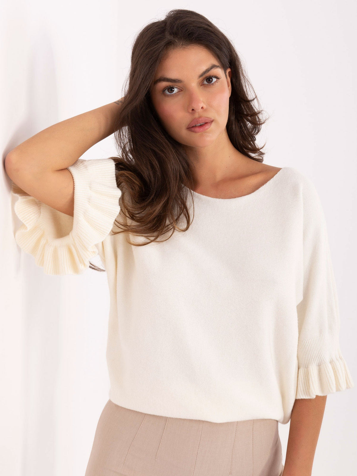 Avorio / ONE SIZE Maglia Elegante con Maniche a Volant