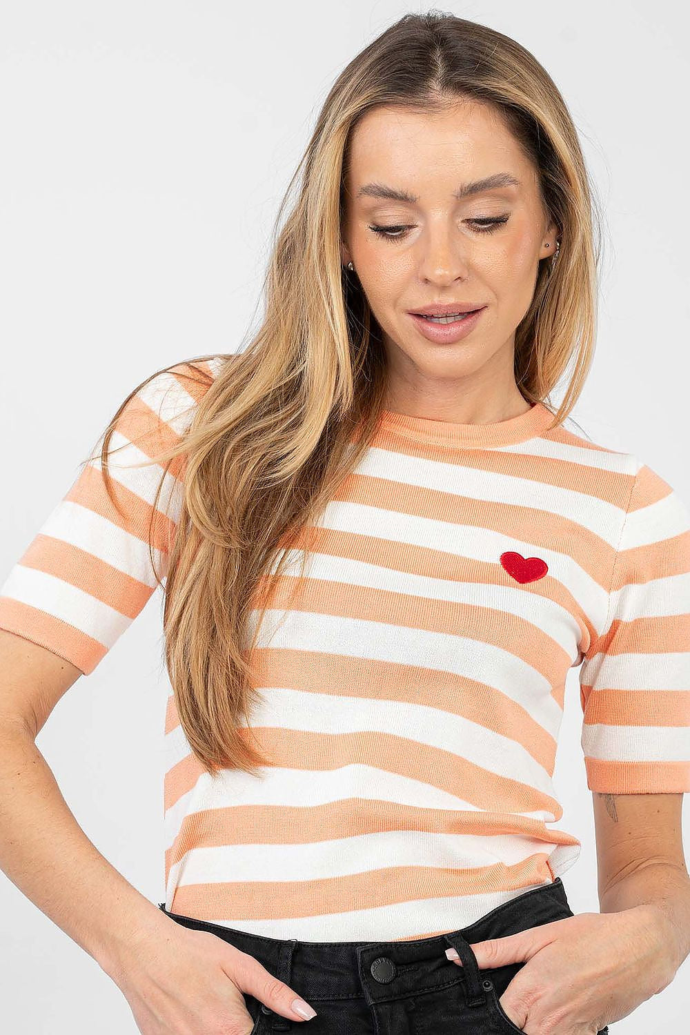 Maglia a righe in viscosa con cuore ricamato - 224317