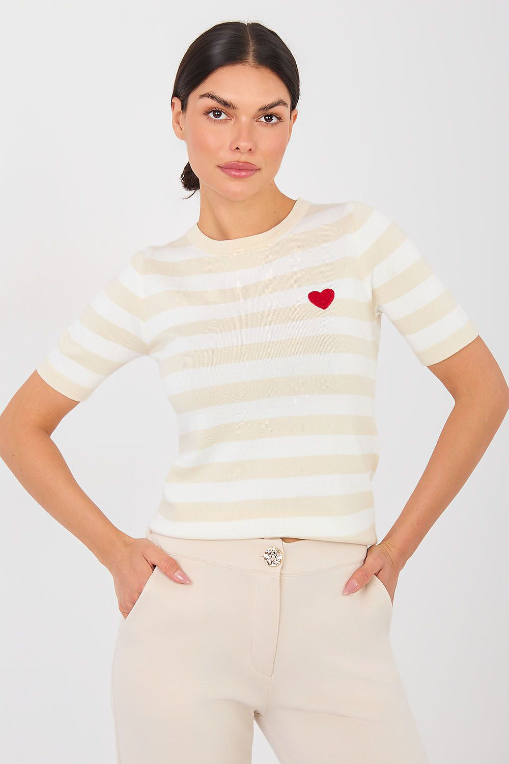 Beige / Universale Maglia a righe in viscosa con cuore