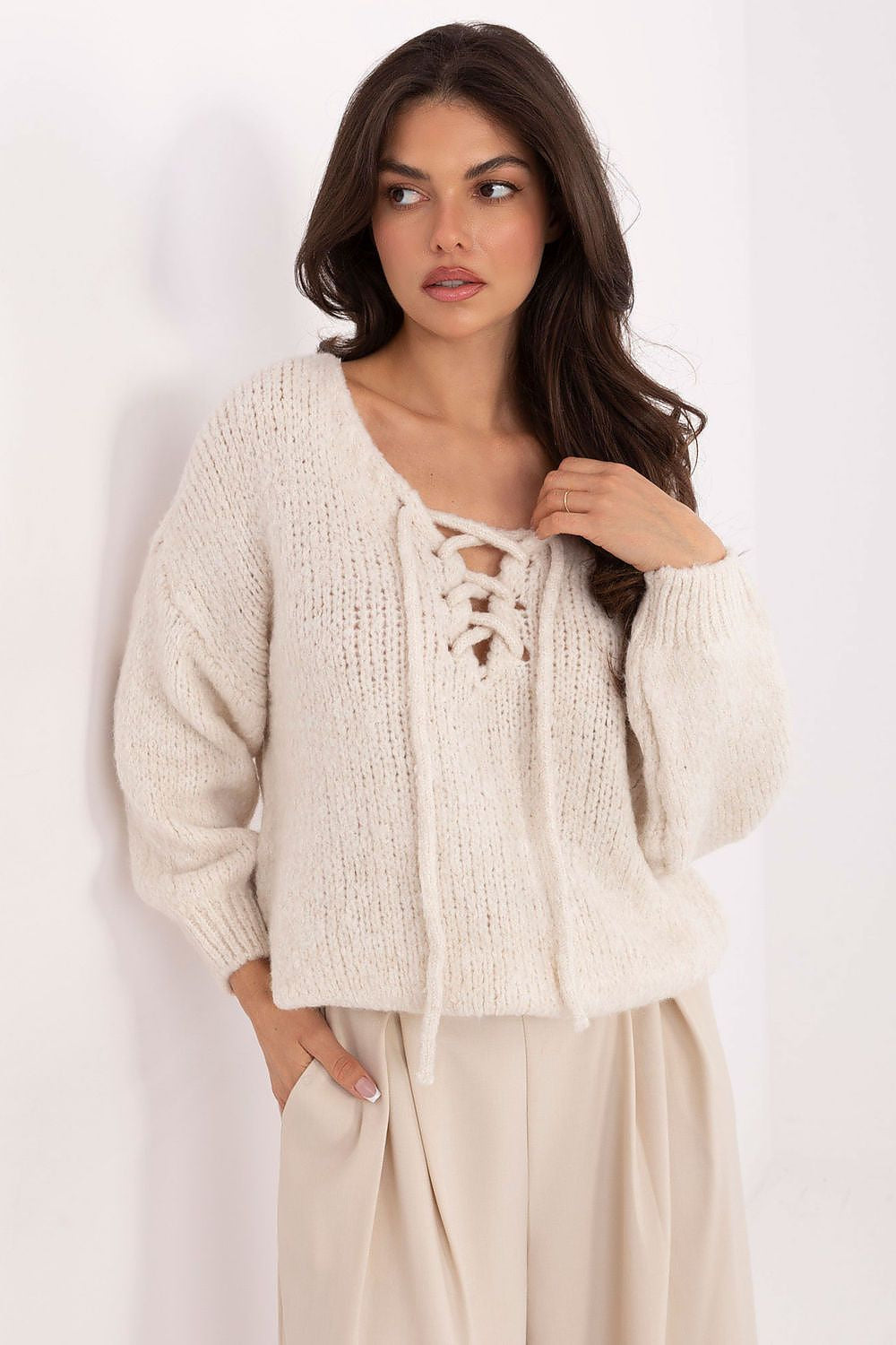 Beige 2 / Universale Maglione calda da donna in misto lana