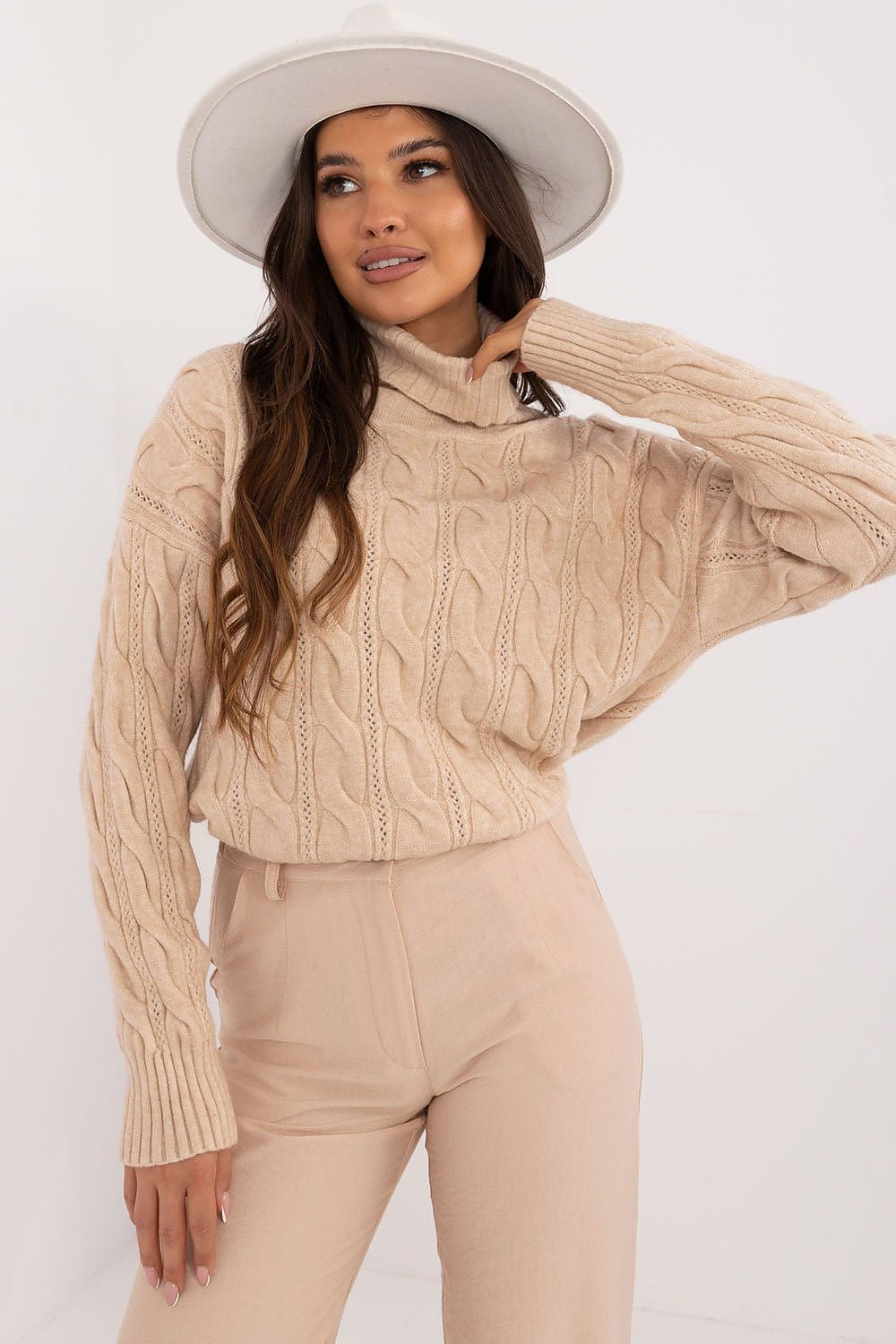 Beige / Universale Maglione con collo alto da donna - ANNA