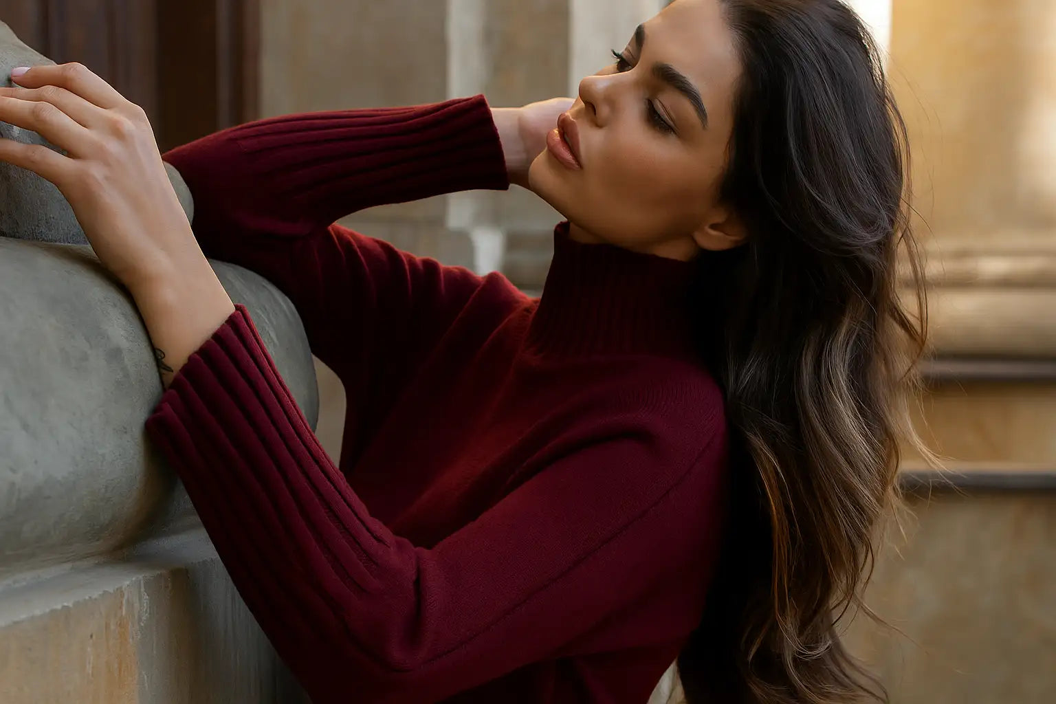 Un maglione a collo alto con maglia a costine borgogna ricco.