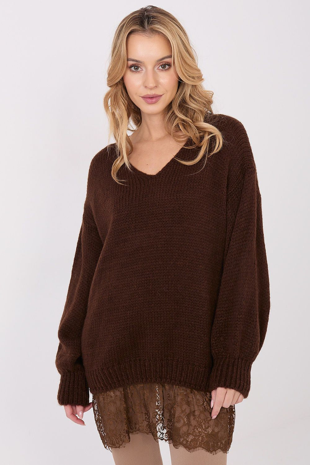 Marrone / Universale Maglione lungo con pizzo - 221859