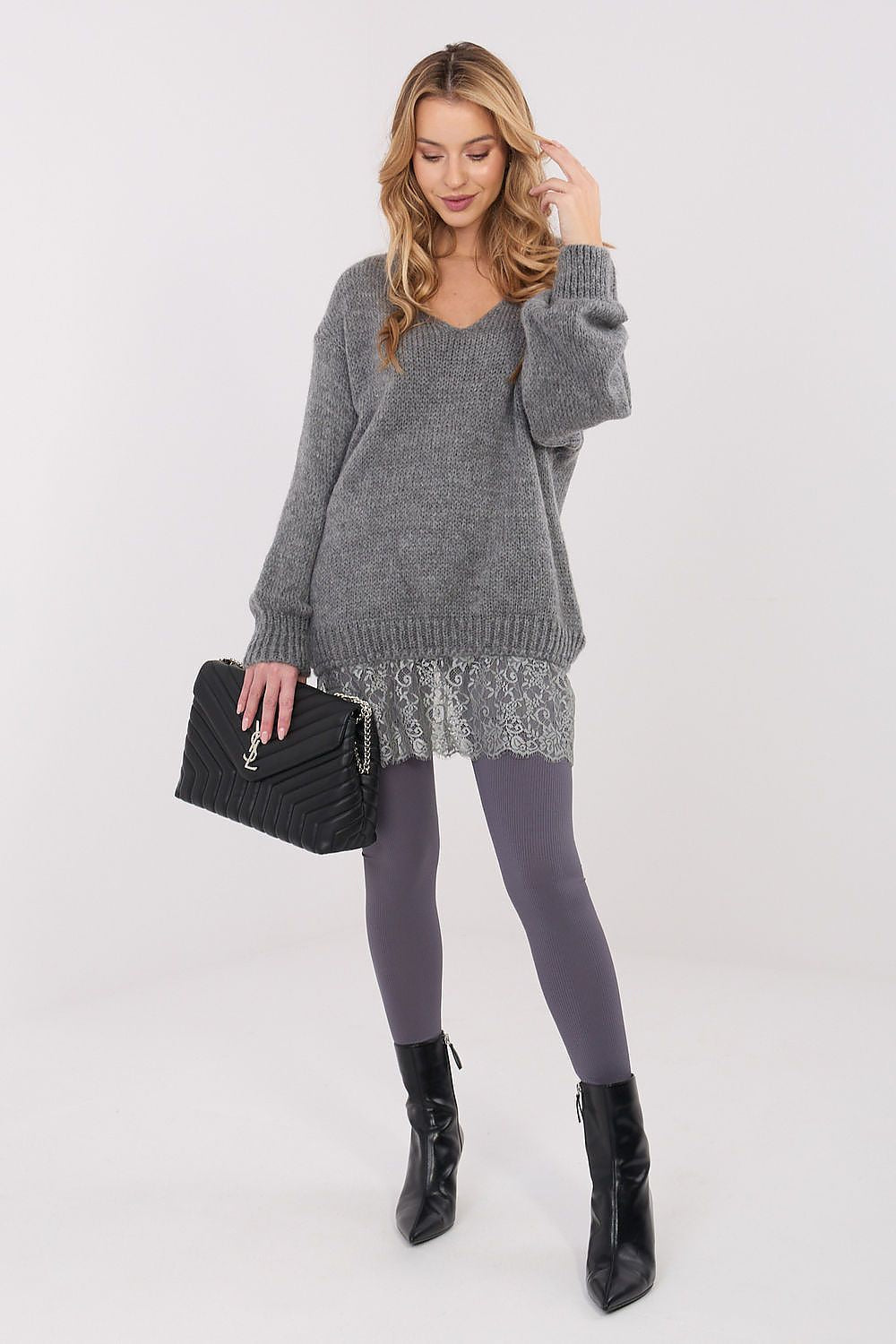 Grigio / Universale Maglione lungo con pizzo - 221859
