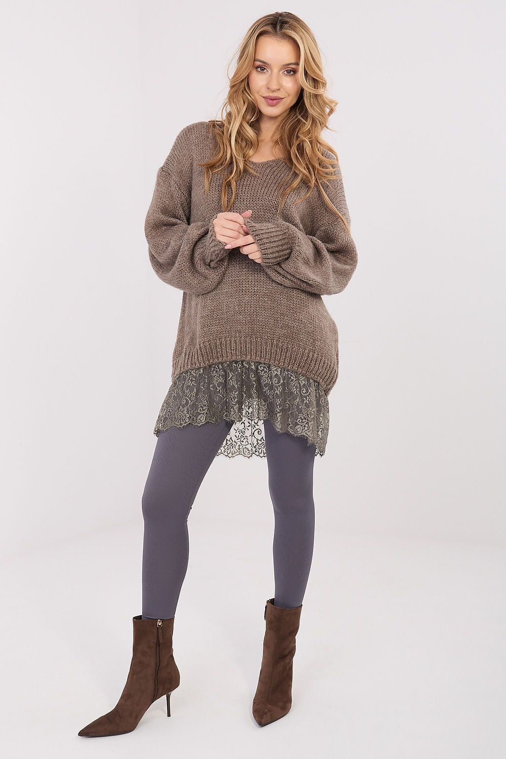 Beige / Universale Maglione lungo con pizzo - 221859