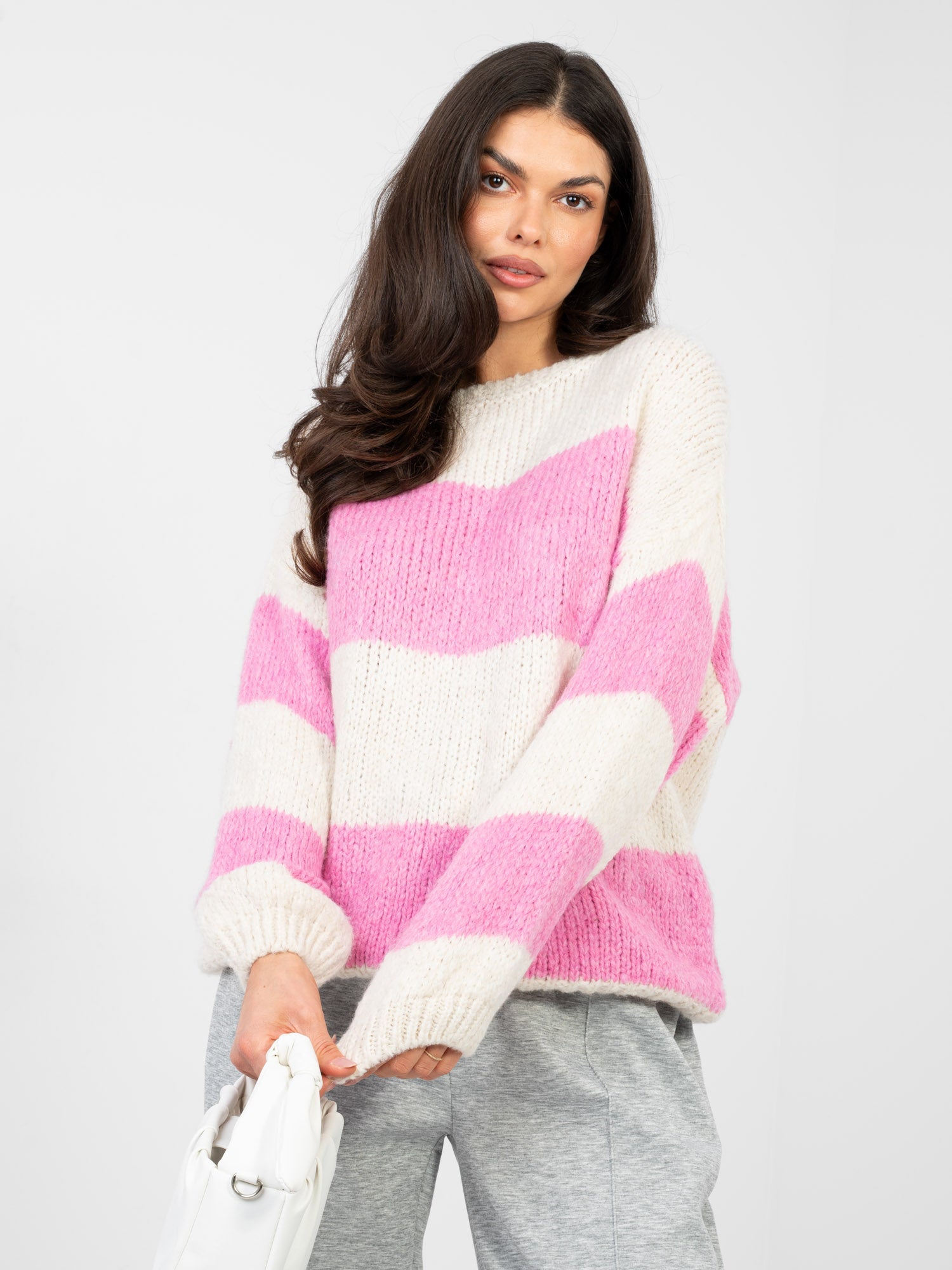 Rosa / ONE SIZE Maglione Oversize a Righe in Misto Lana