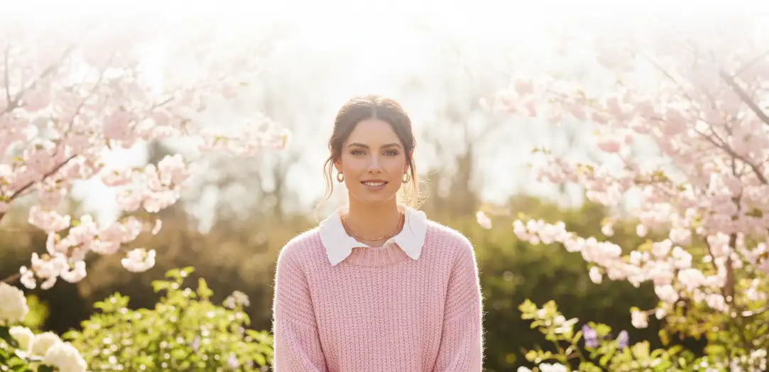 Un maglione rosa morbido lavorato a maglia con un colletto bianco croccante.