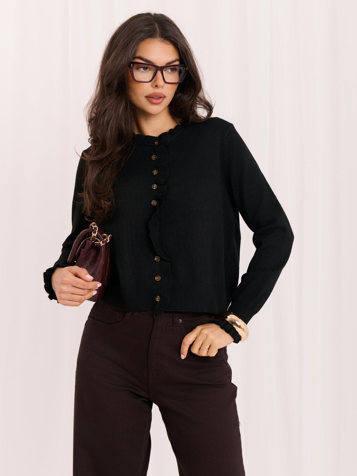 Megan - Cardigan a Tinta Unita con Balze sulle Maniche