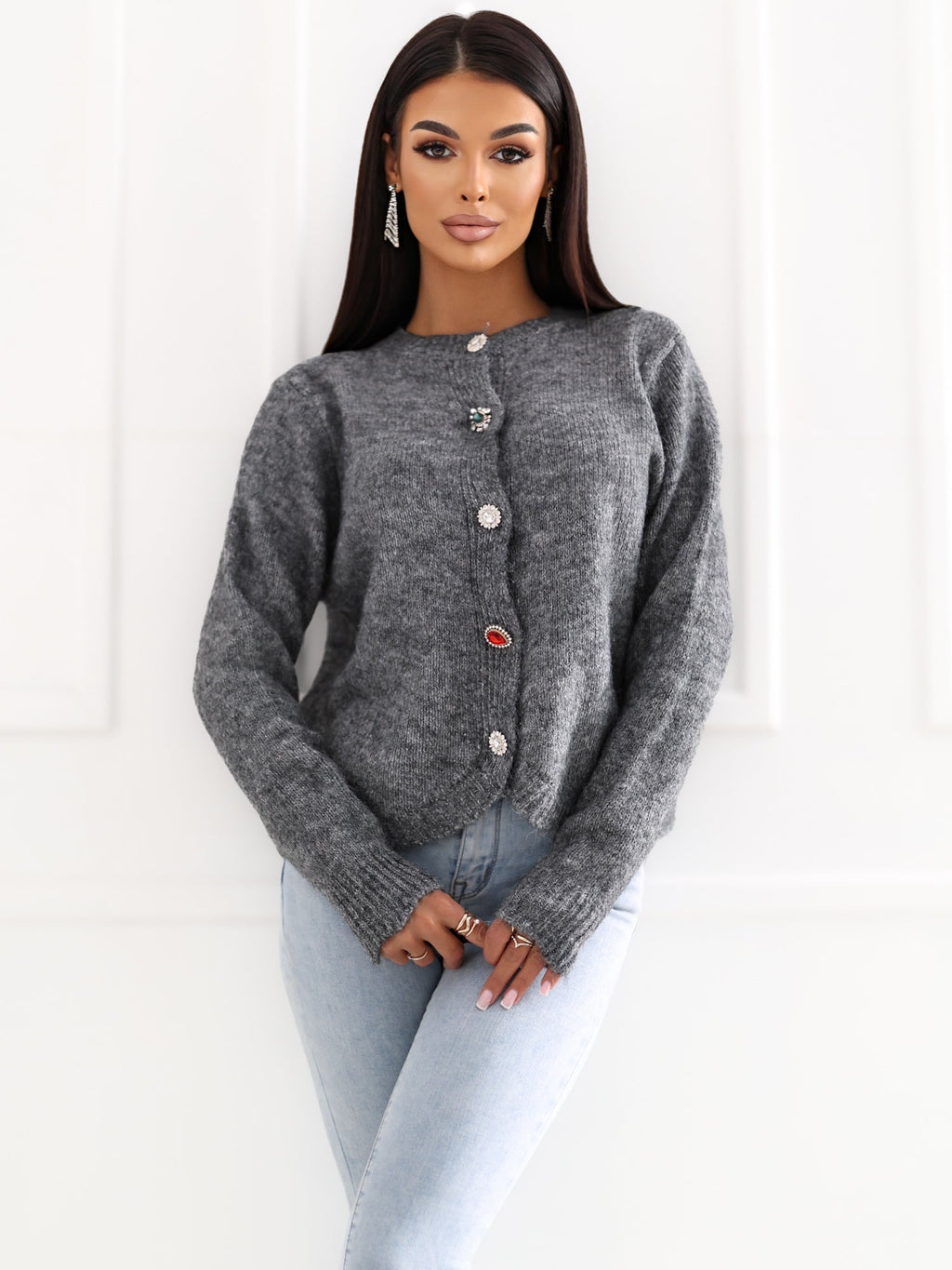 NORA - Cardigan Elegante con Scollo Tondo e Bottoni