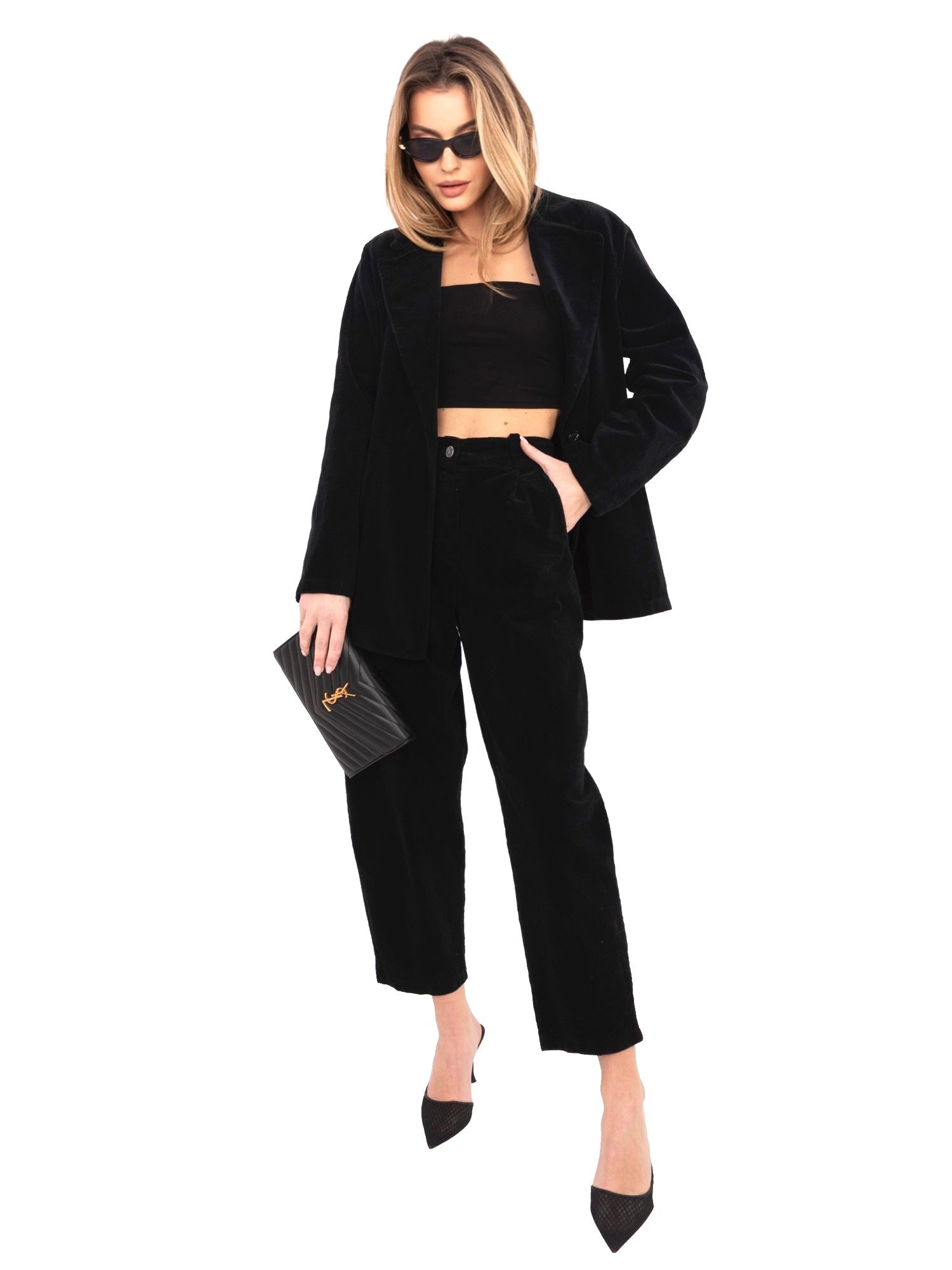 Nero / ONE SIZE Pantaloni Carrot in Velluto a Coste Vita