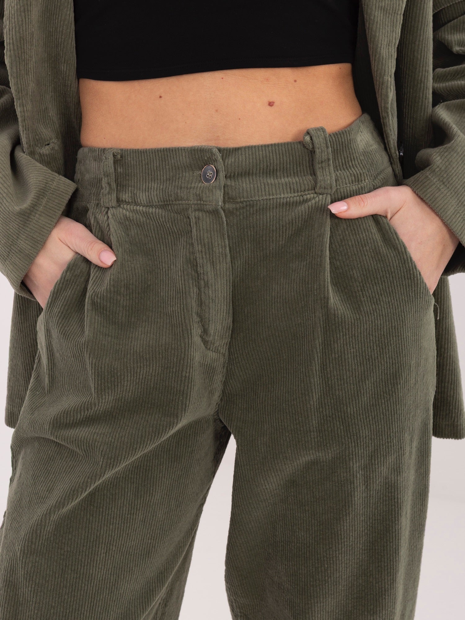 Pantaloni Carrot in Velluto a Coste Vita Alta (Bianca)