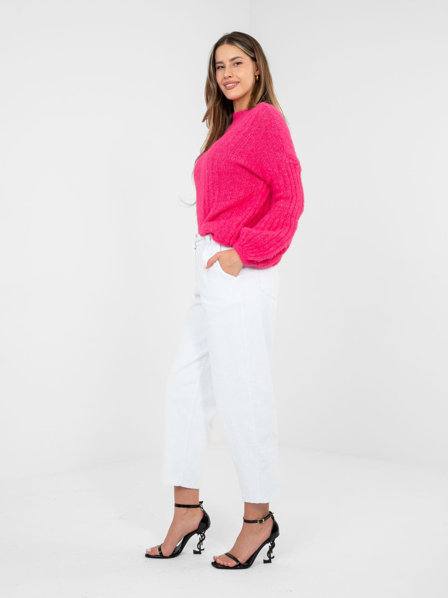 Pantaloni Carrot in Velluto a Coste Vita Alta (Bianca)