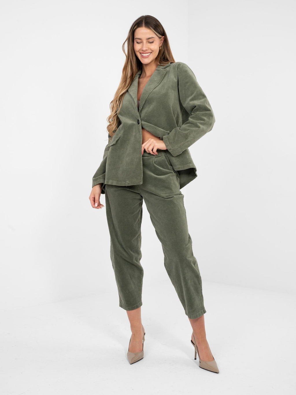 Pantaloni Carrot in Velluto a Coste Vita Alta (Bianca)