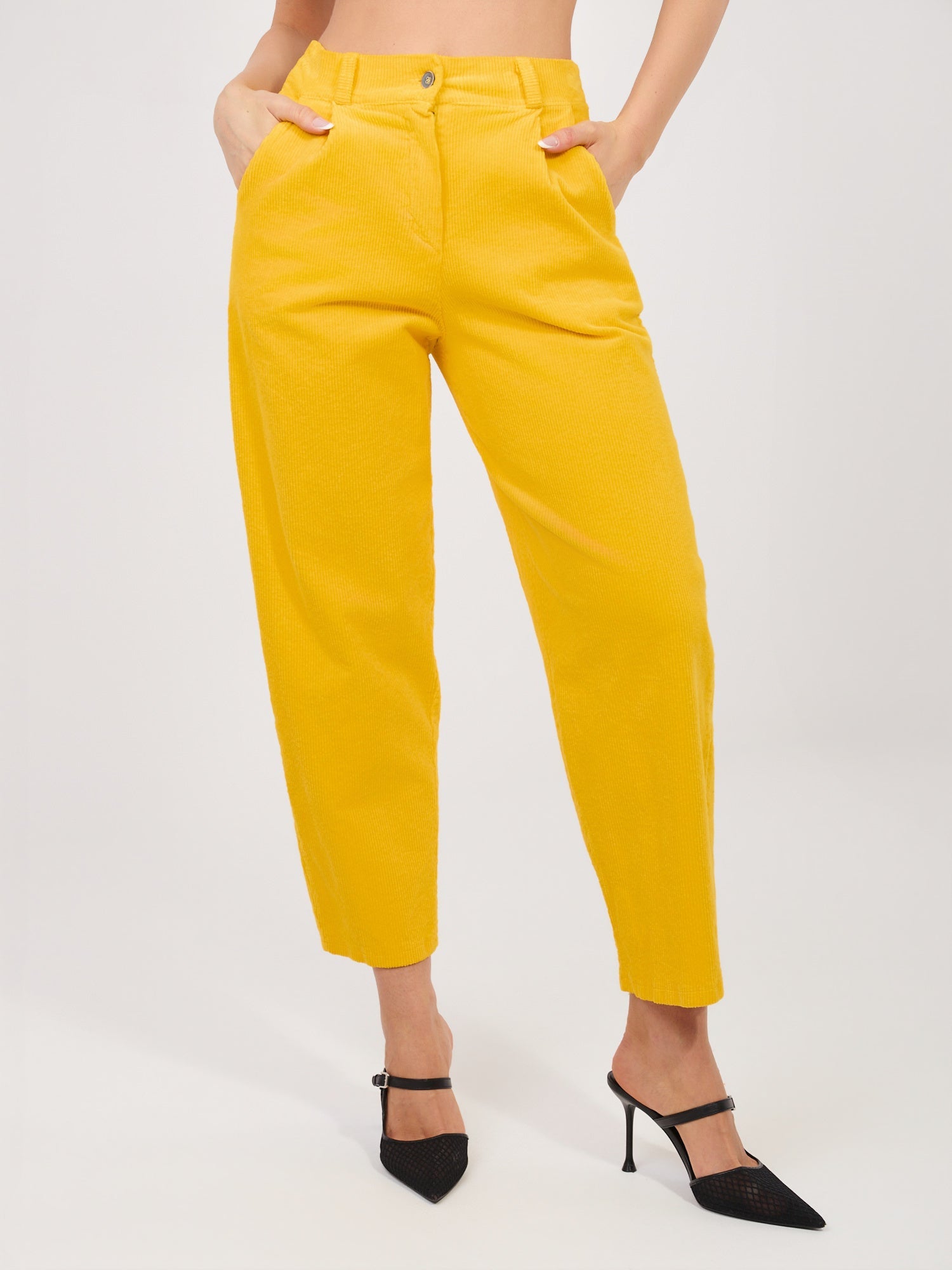 Giallo / ONE SIZE Pantaloni Carrot in Velluto a Coste Vita