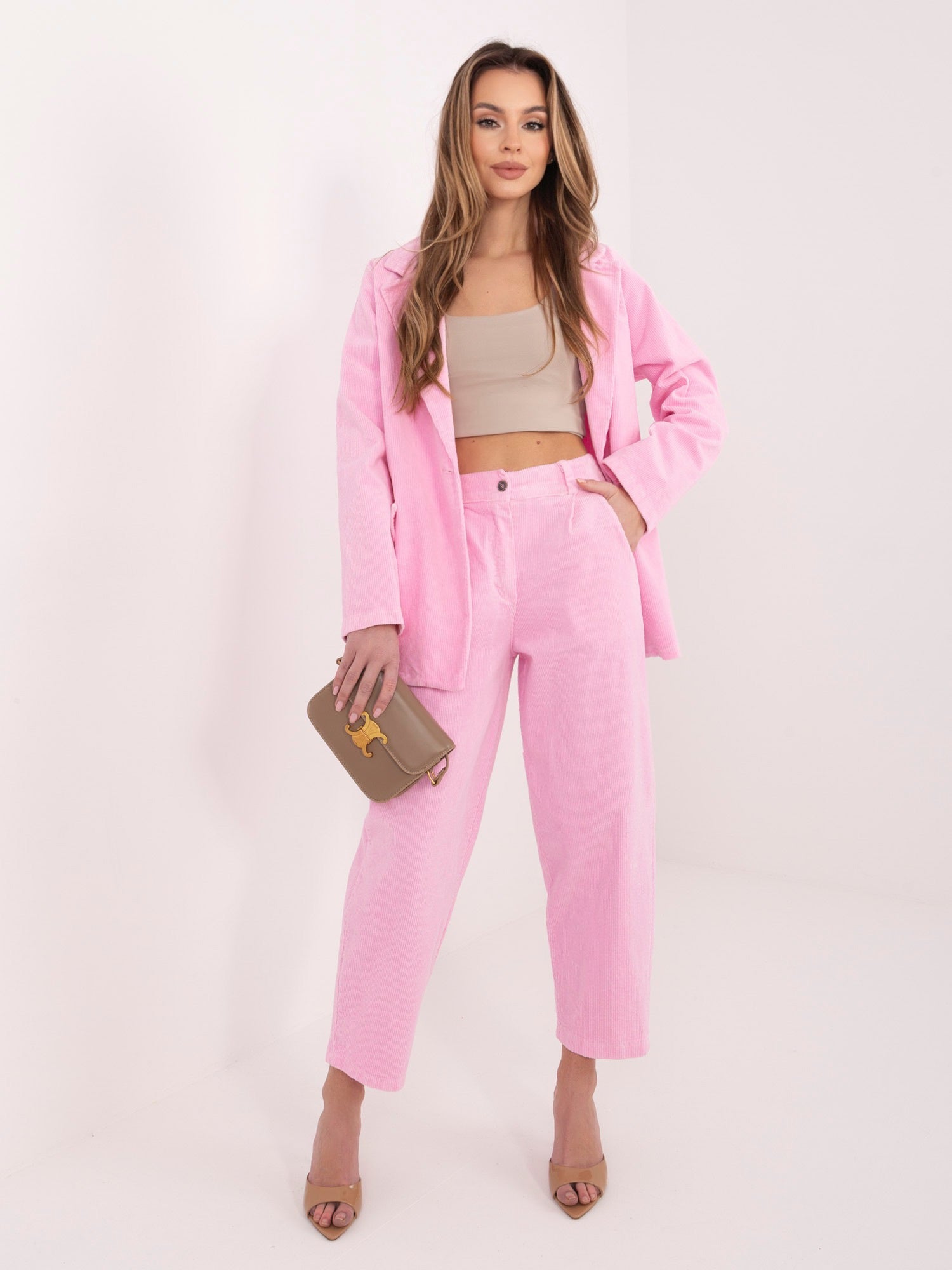 Rosa / ONE SIZE Pantaloni Carrot in Velluto a Coste Vita