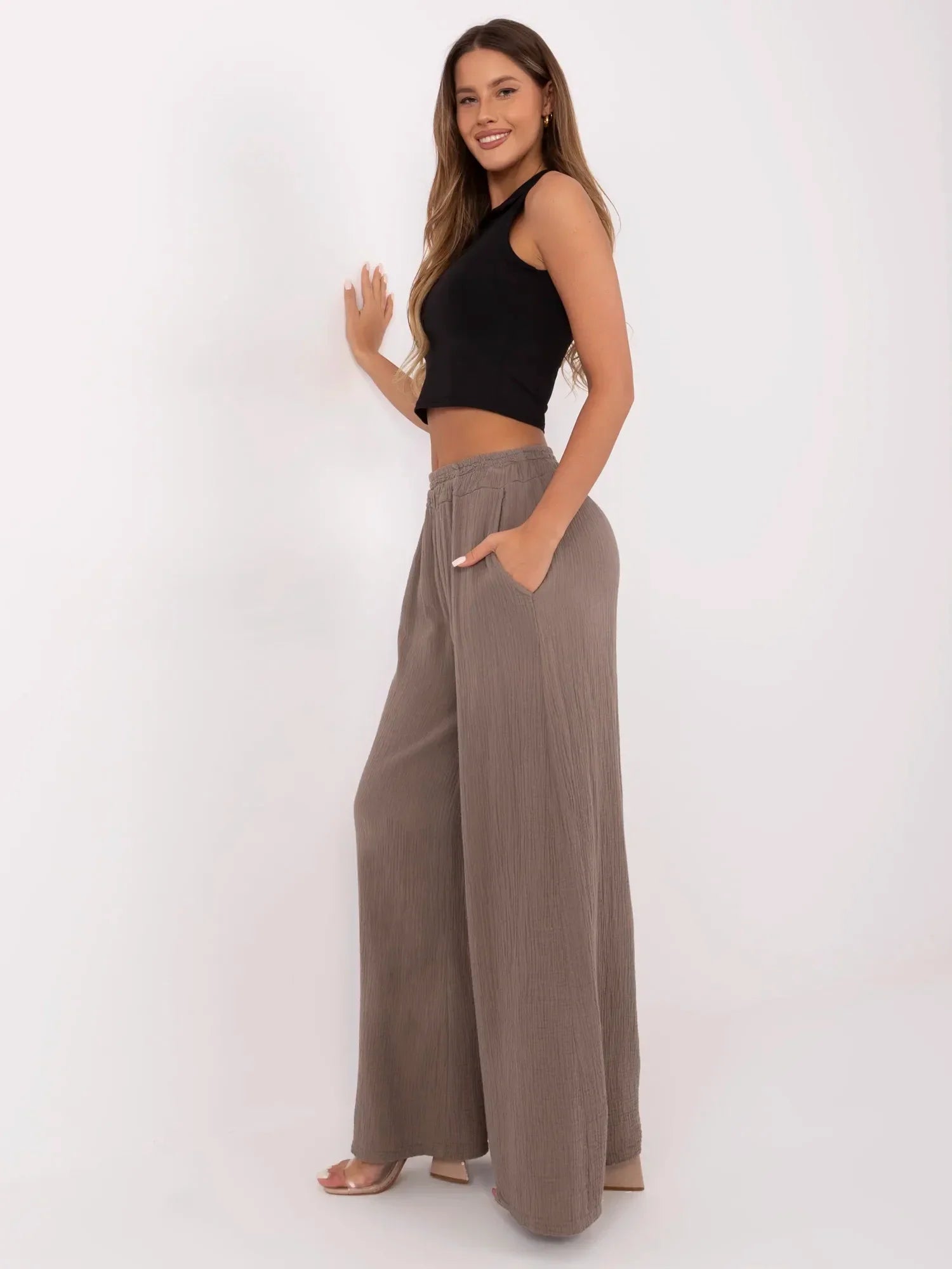 Pantaloni Casual Donna Palazzo A Vita Alta Con Pieghe, Gamba Larga Svasata, Stampa, Elasticizzati, Comodi Per Lo Yoga, Made In USA, Giglio Marrone Chiaro, Taglia 3X