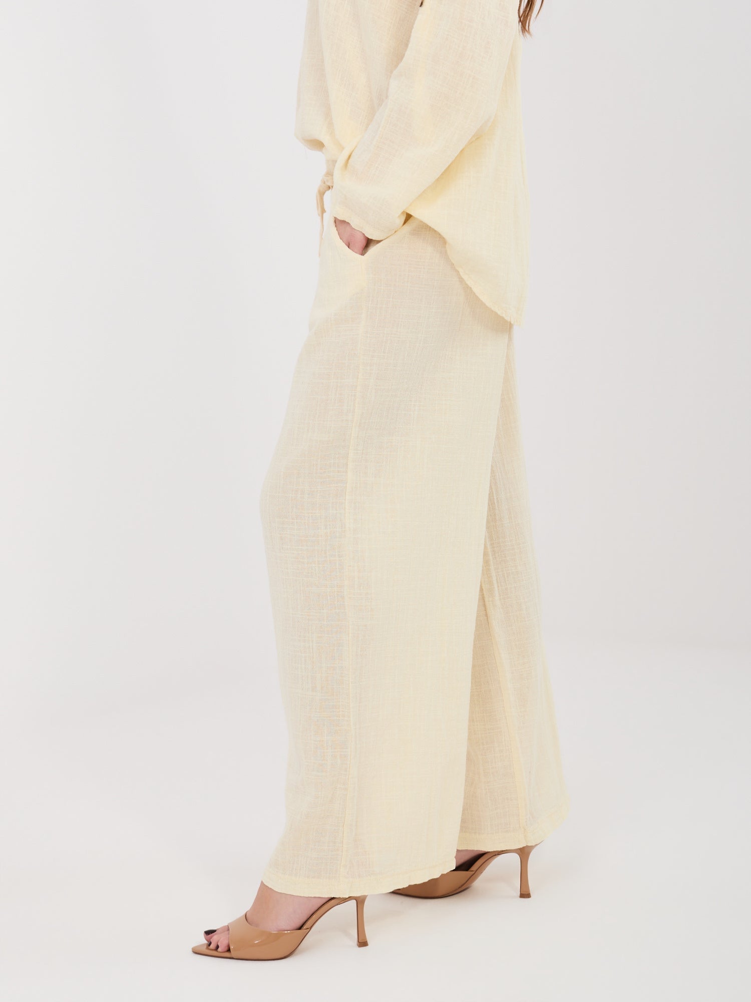 Pantaloni Wide Leg a Vita Alta in 100% Cotone (Stella)