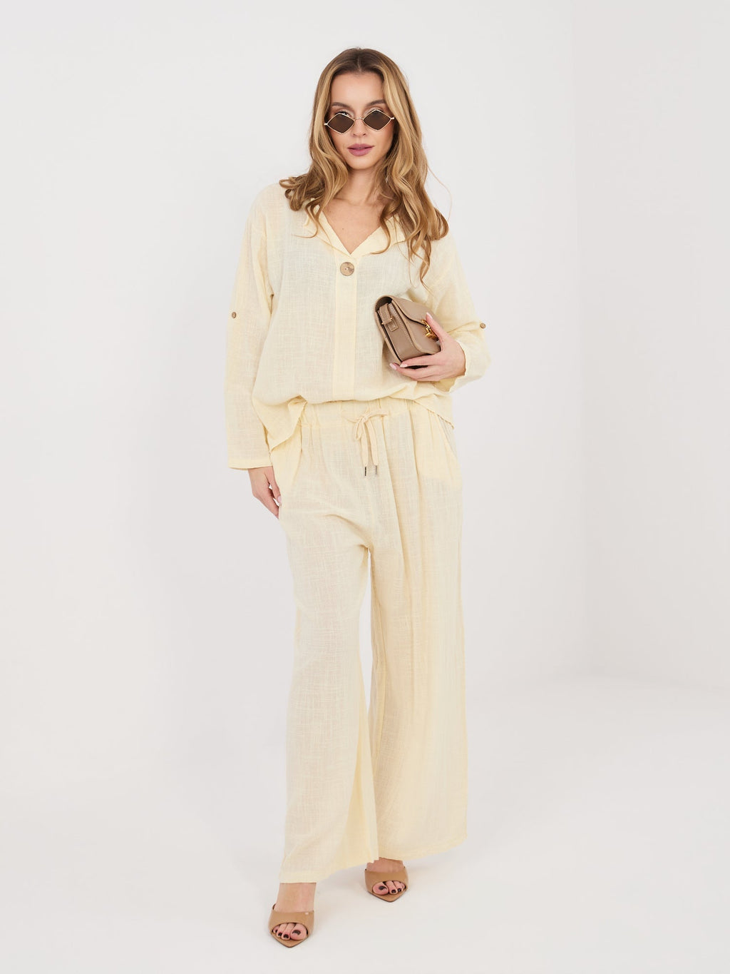 Pantaloni Wide Leg a Vita Alta in 100% Cotone (Stella)
