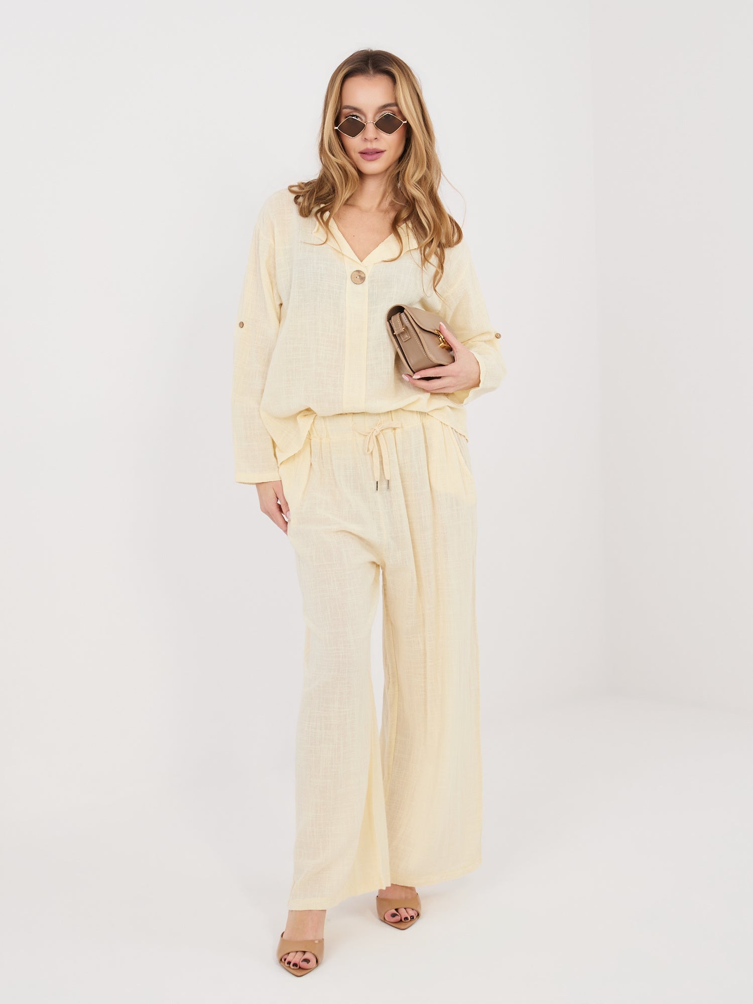 Pantaloni Wide Leg a Vita Alta in 100% Cotone (Stella)