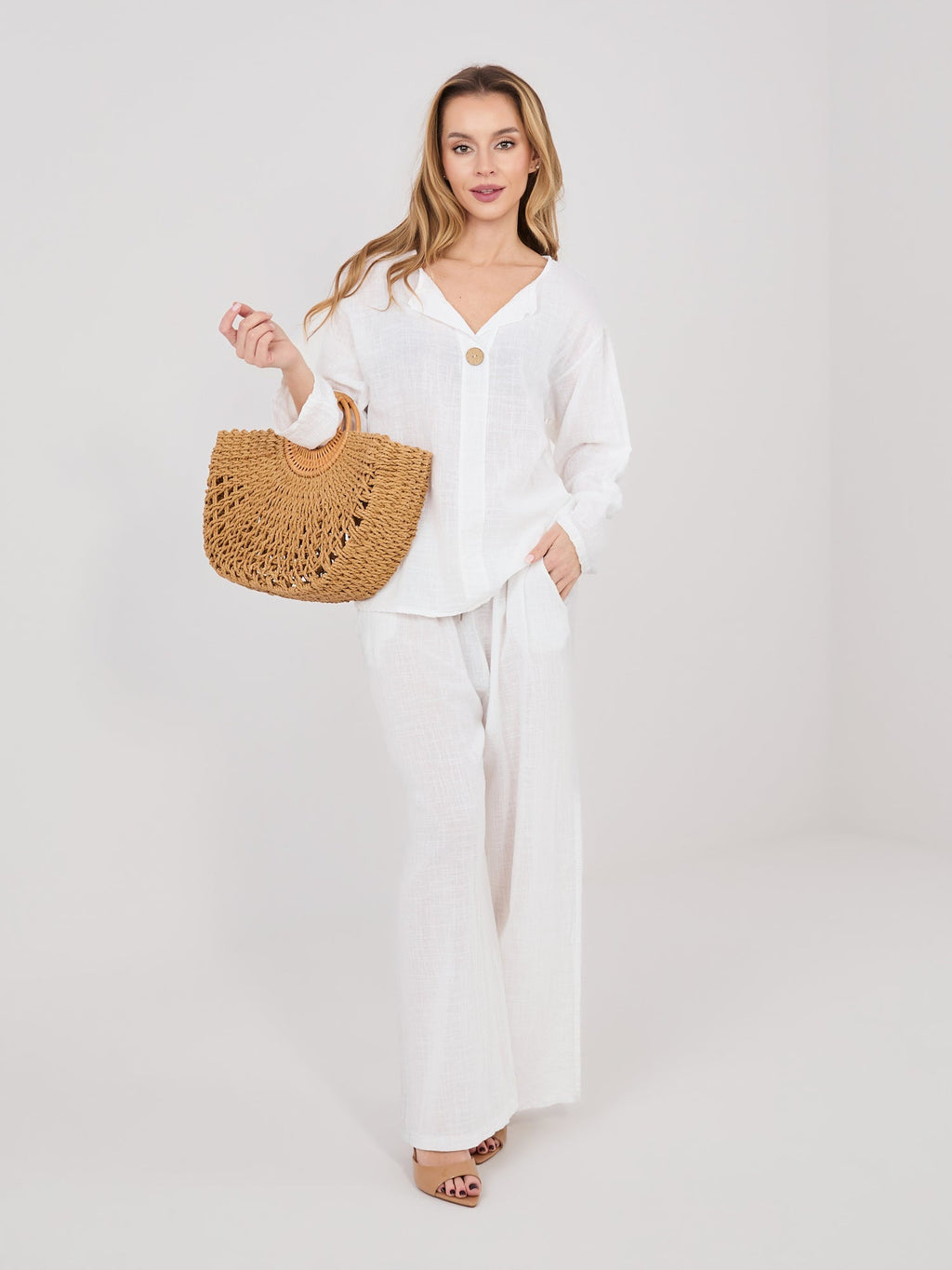 Pantaloni Wide Leg a Vita Alta in 100% Cotone (Stella)