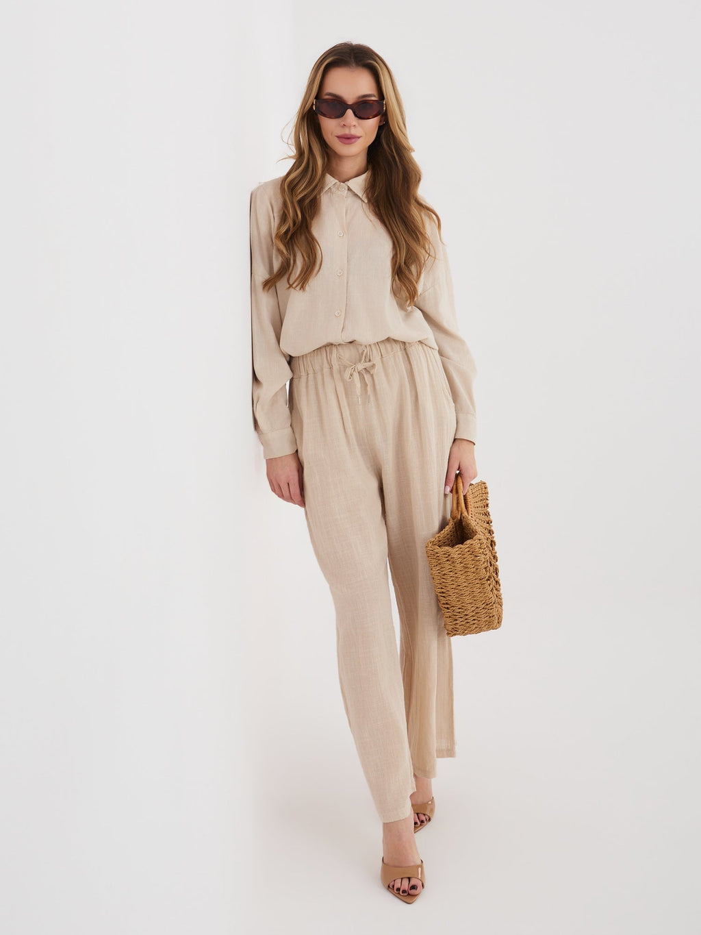 Pantaloni Wide Leg a Vita Alta in 100% Cotone (Stella)