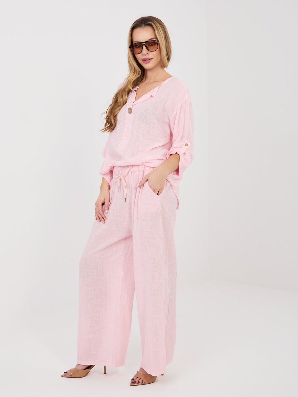 Pantaloni Wide Leg a Vita Alta in 100% Cotone (Stella)