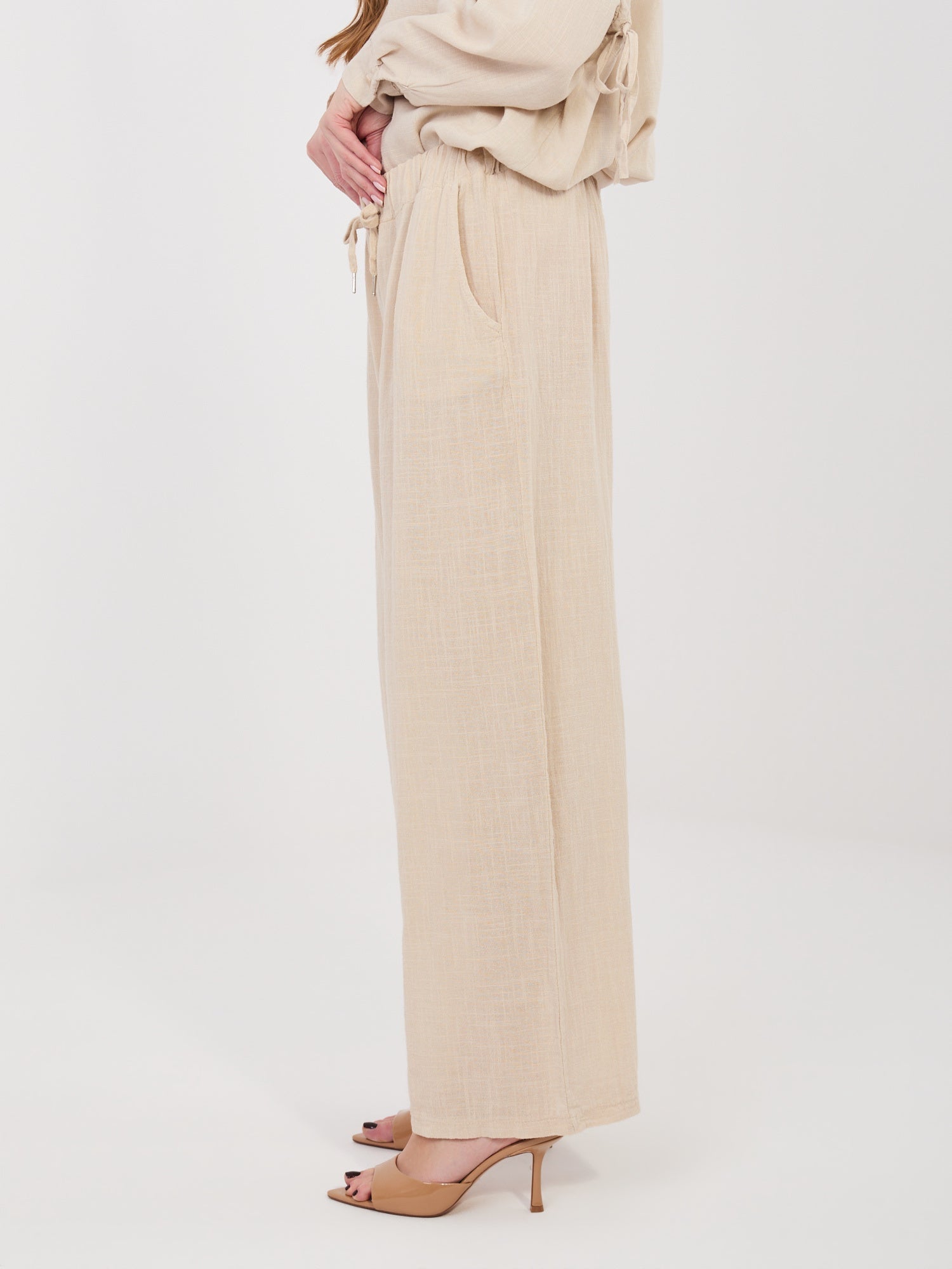 Pantaloni Wide Leg a Vita Alta in 100% Cotone (Stella)