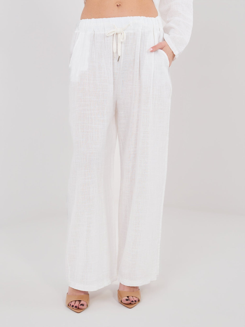 ecru / ONE SIZE Pantaloni Wide Leg a Vita Alta in 100%