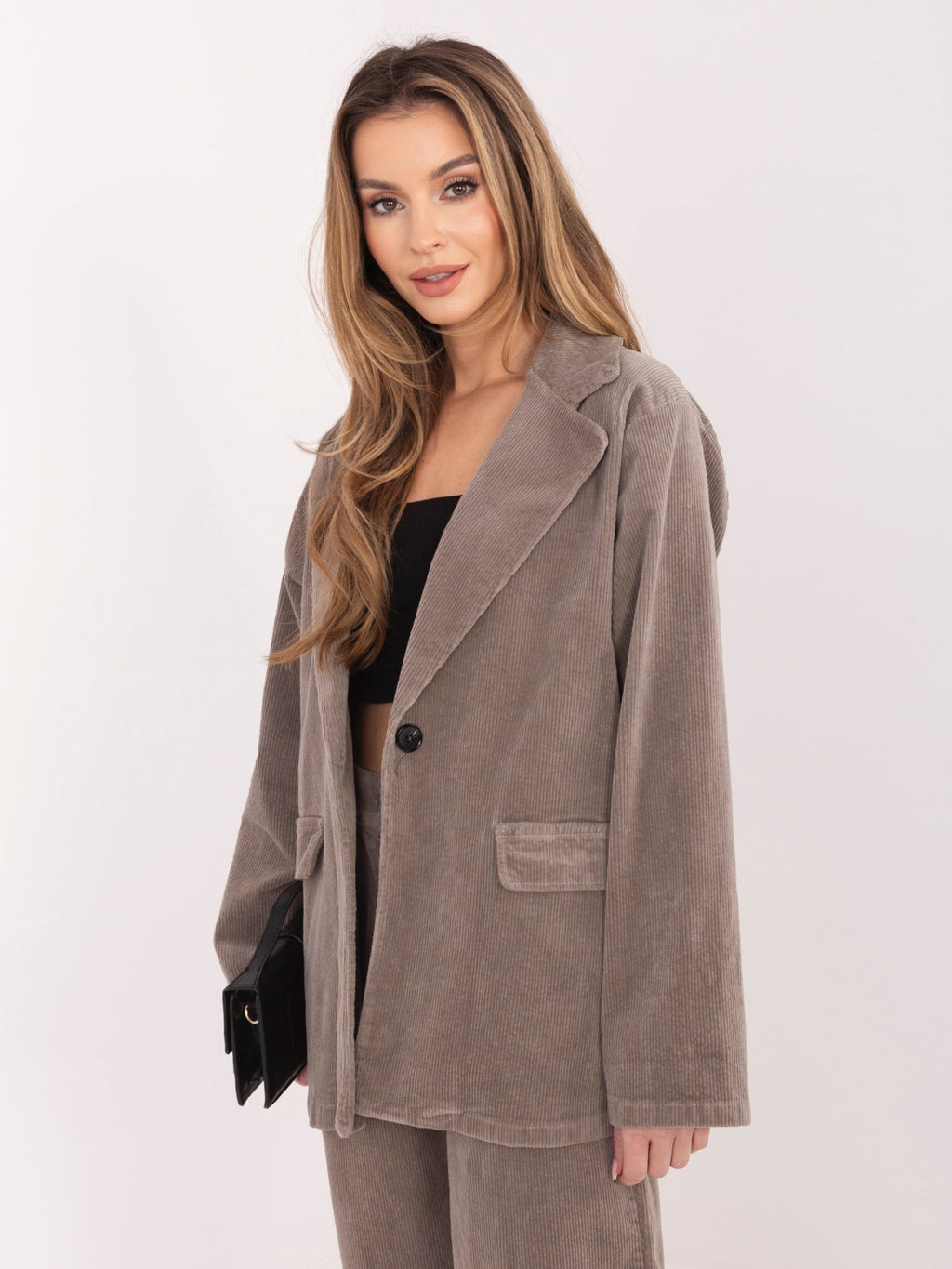 Blazer Casual in Velluto a Coste con Bottone Singolo
