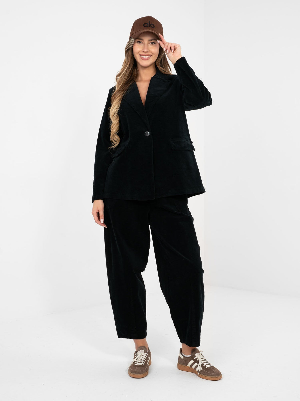 Blazer Casual in Velluto a Coste con Bottone Singolo
