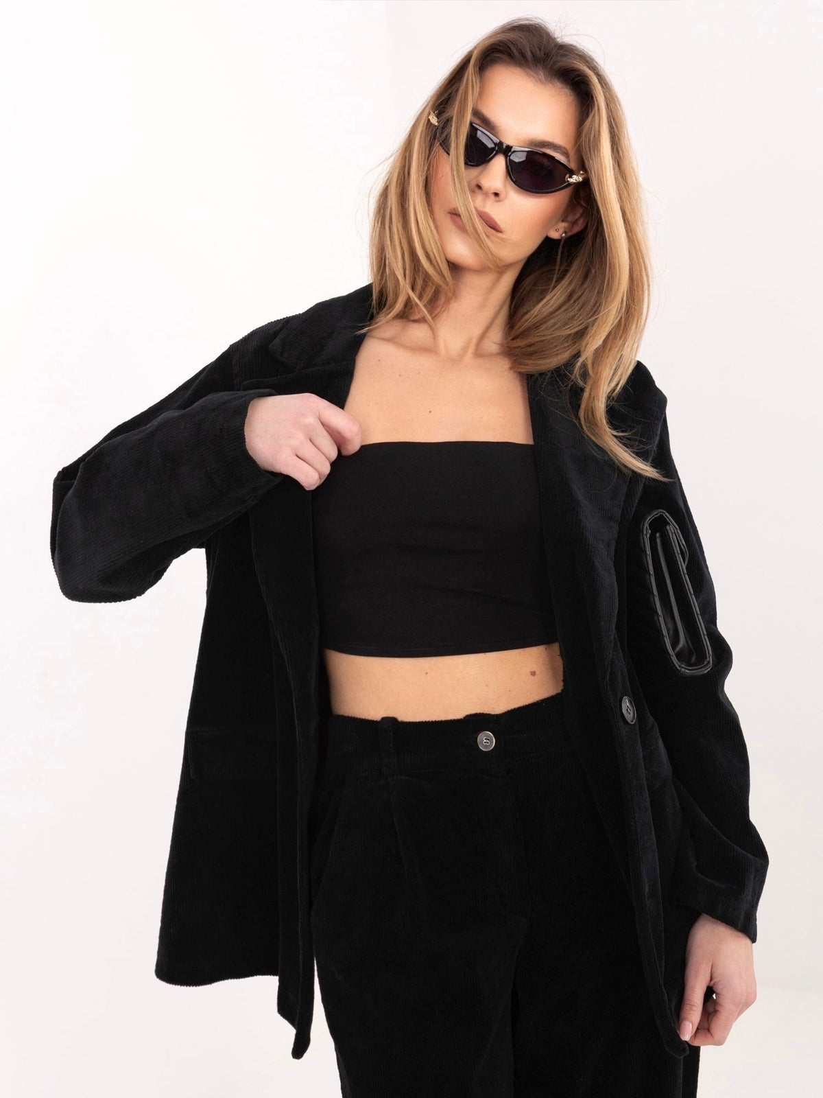 Blazer Casual in Velluto a Coste con Bottone Singolo