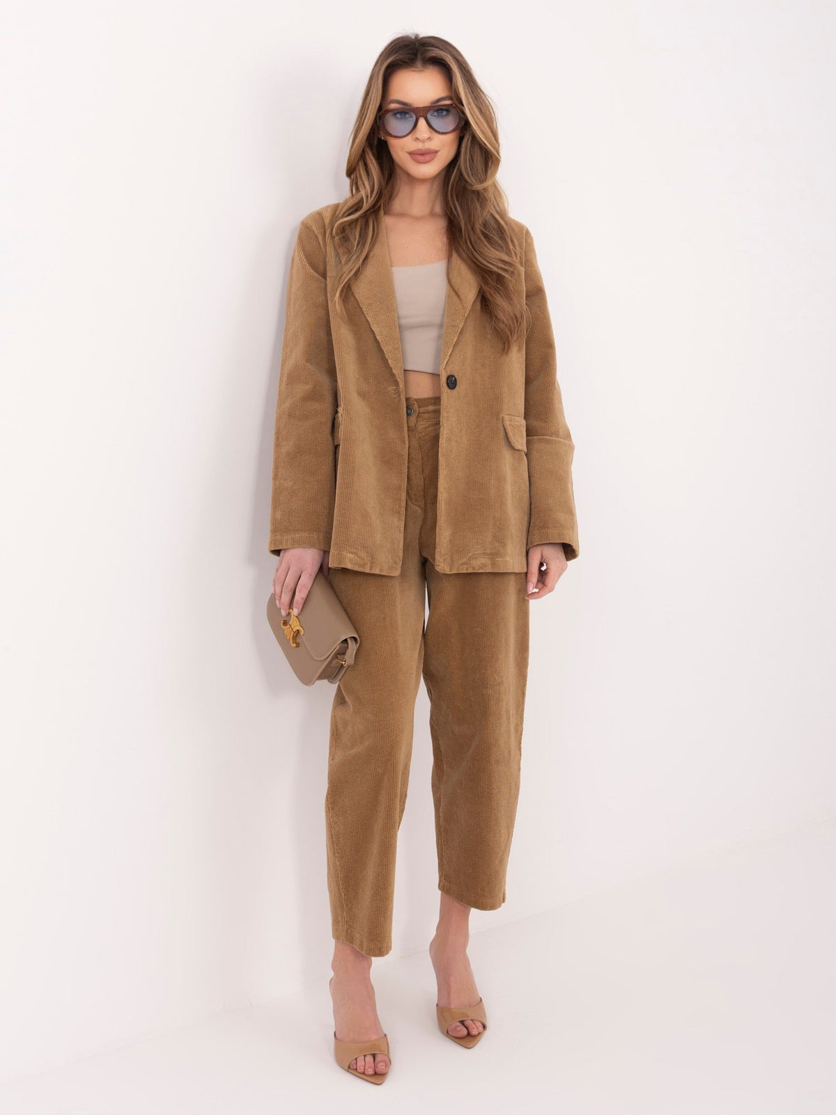 Blazer Casual in Velluto a Coste con Bottone Singolo