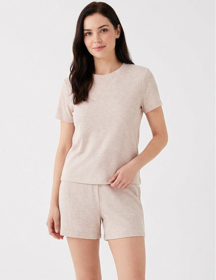 Beige / S/M Pigiama corto da donna a coste in cotone