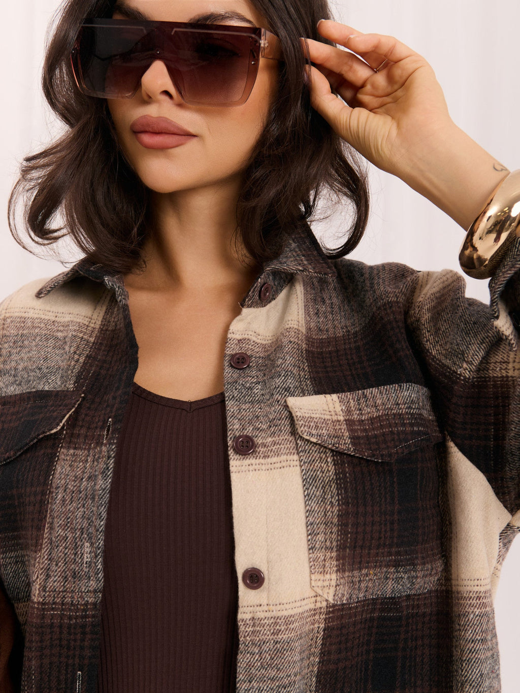 Marrone / S Sadie - Camicia Sovragiacca Casual a Quadri
