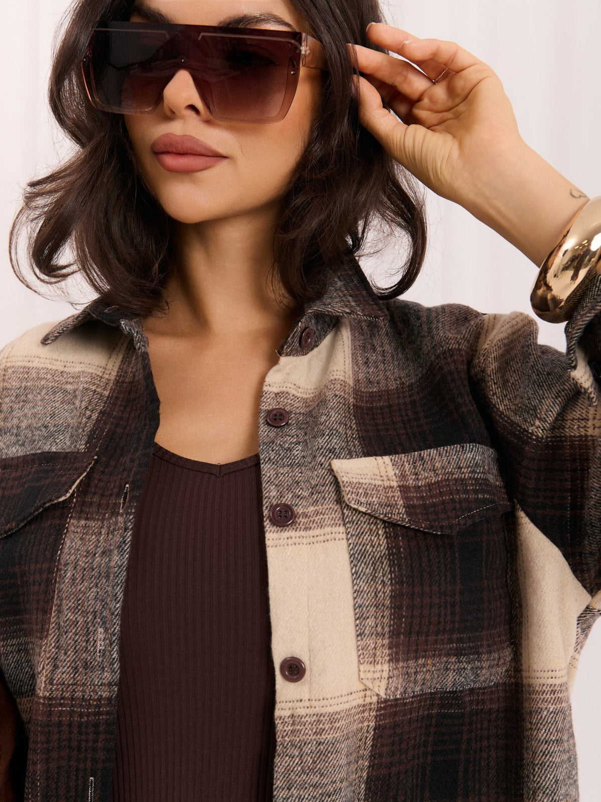 Marrone / S Sadie - Camicia Sovragiacca Casual a Quadri