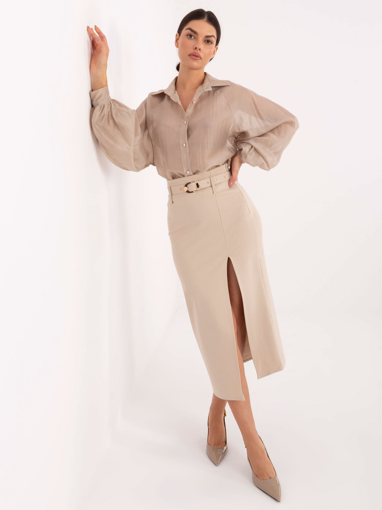 Beige / S Gonna Midi con Spacco Frontale e Cintura (Roxanne)