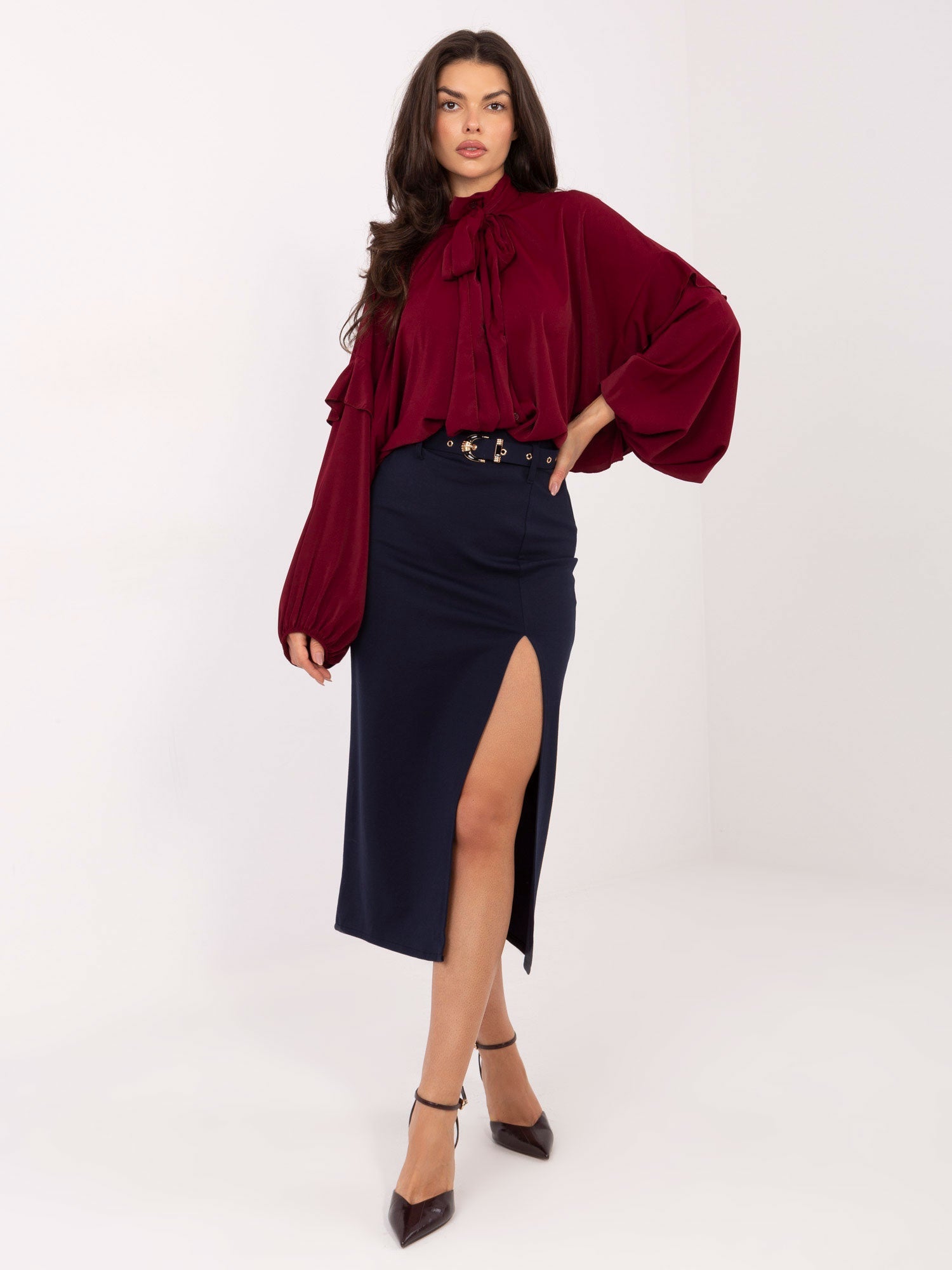 Blu / S Gonna Midi con Spacco Frontale e Cintura (Roxanne)