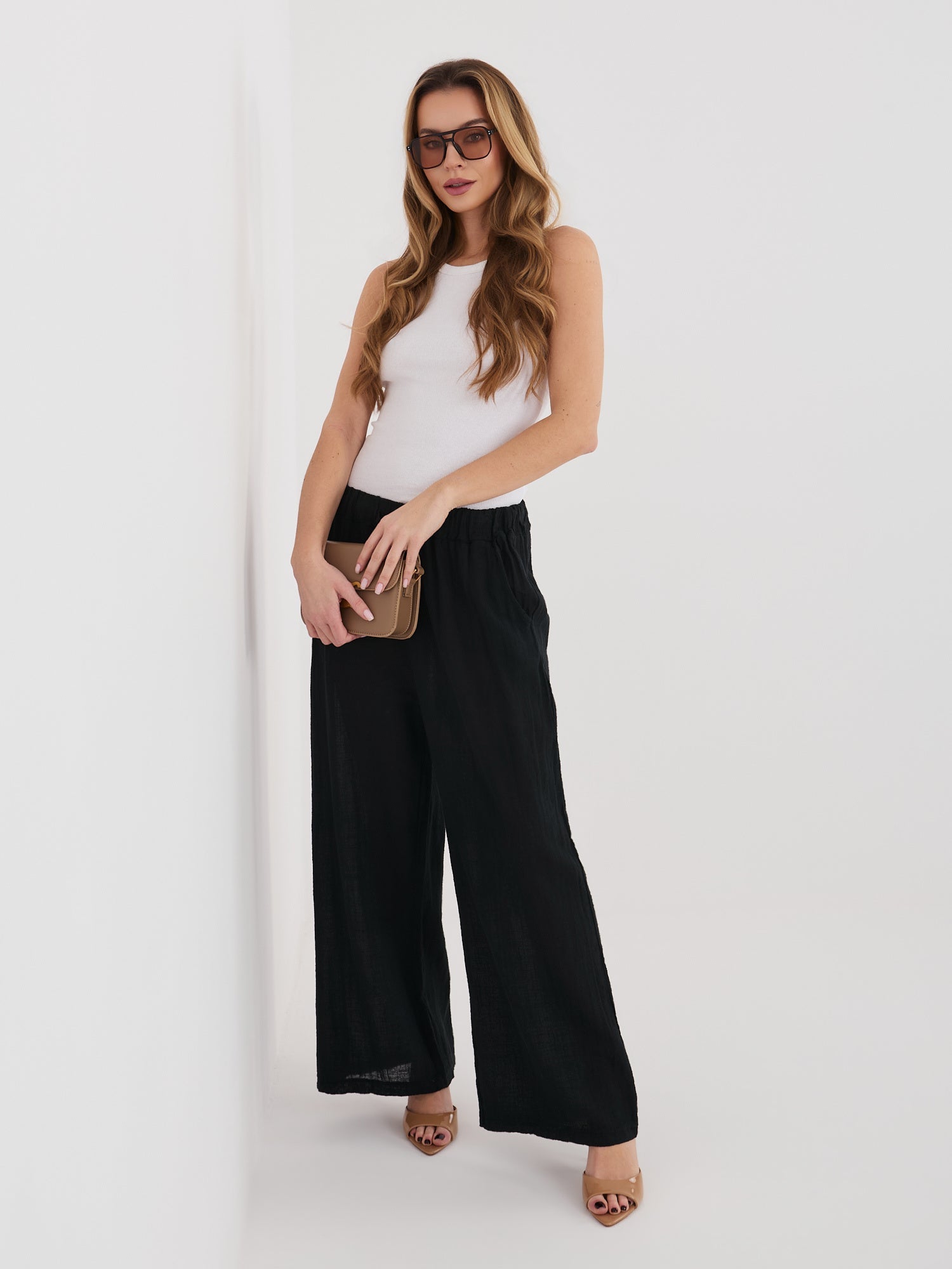 Pantaloni Wide Leg a Vita Alta in 100% Cotone (Stella)