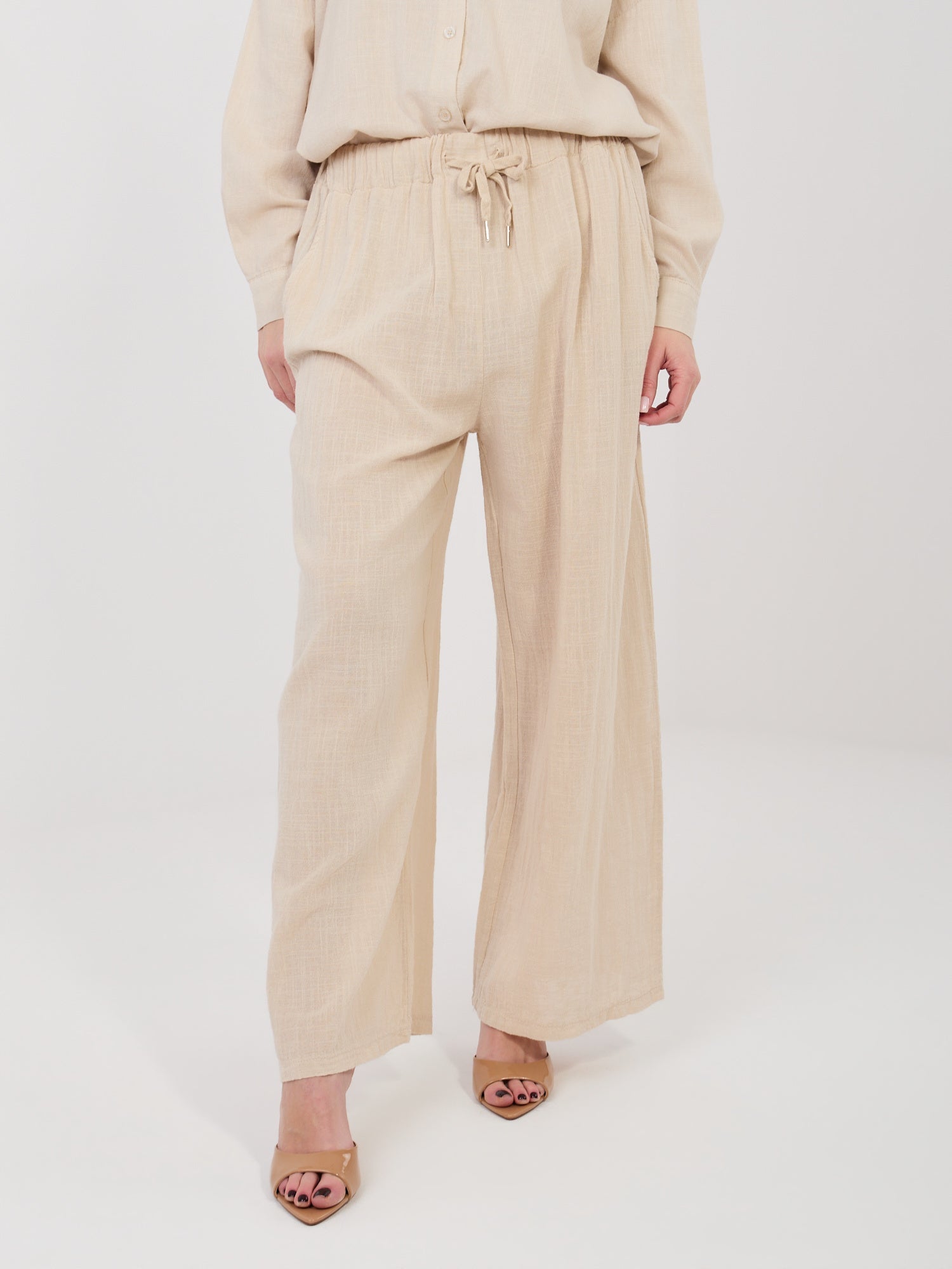 Beige / ONE SIZE Pantaloni Wide Leg a Vita Alta in 100%
