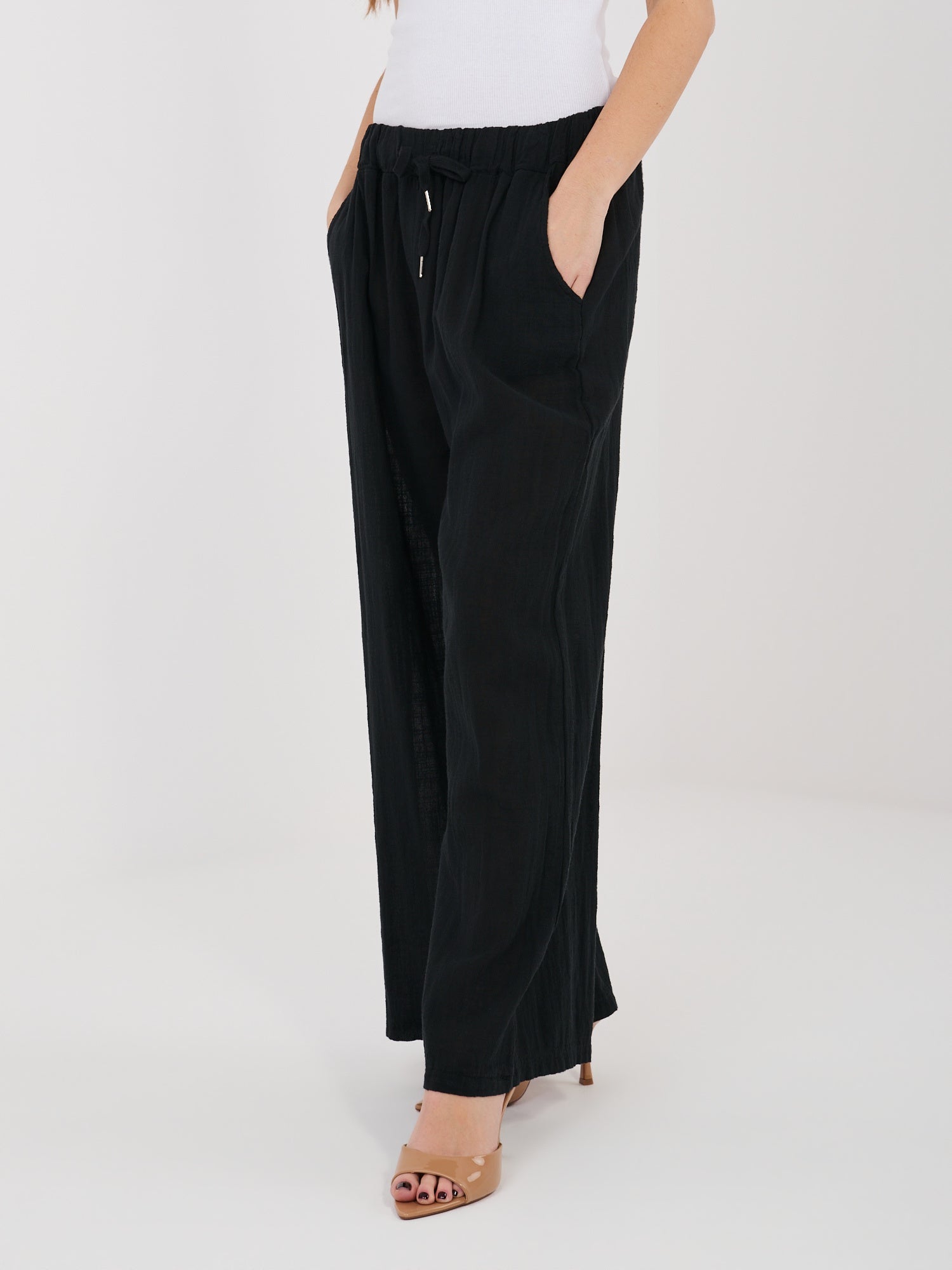 Pantaloni Wide Leg a Vita Alta in 100% Cotone (Stella)