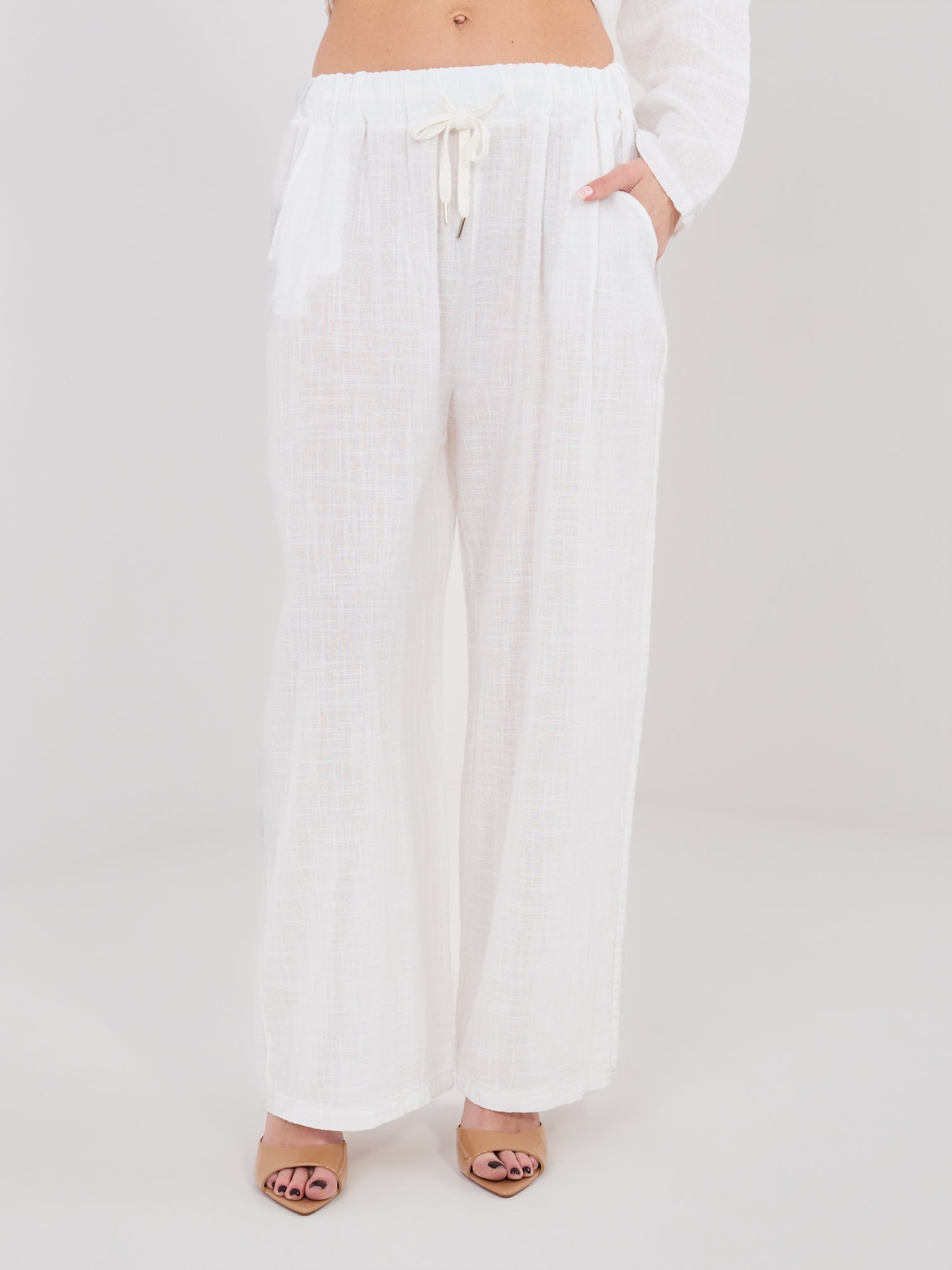 ecru / ONE SIZE Pantaloni Wide Leg a Vita Alta in 100%