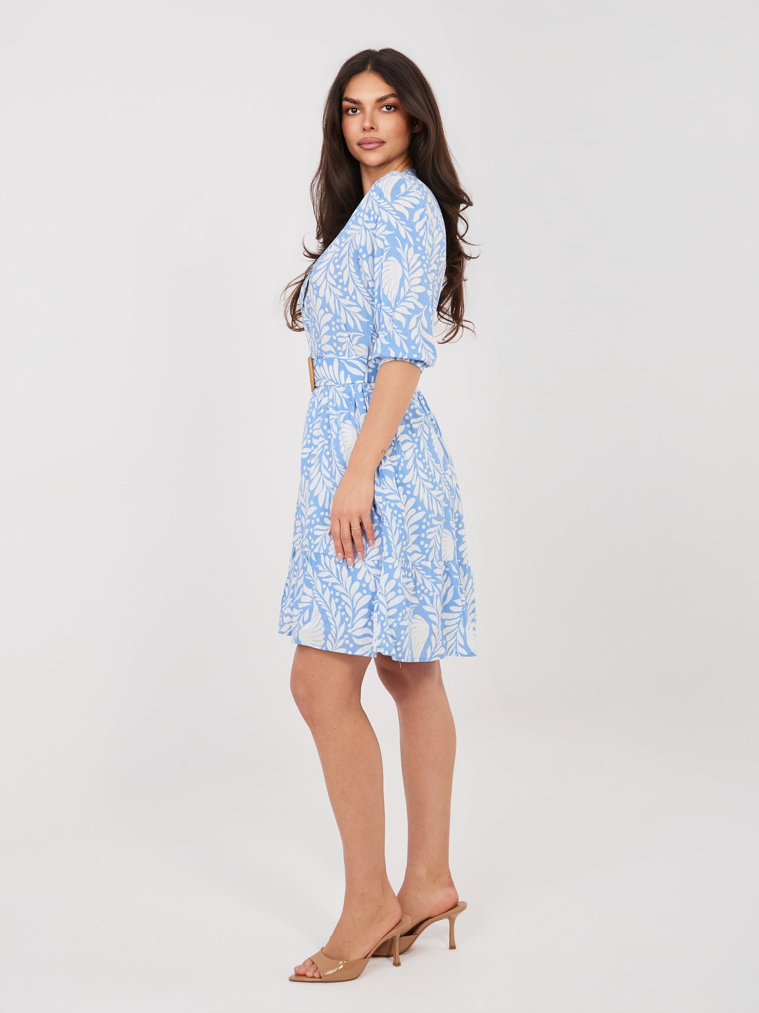 Abito in Viscosa a Fiori con Maniche Sbuffo e Volant