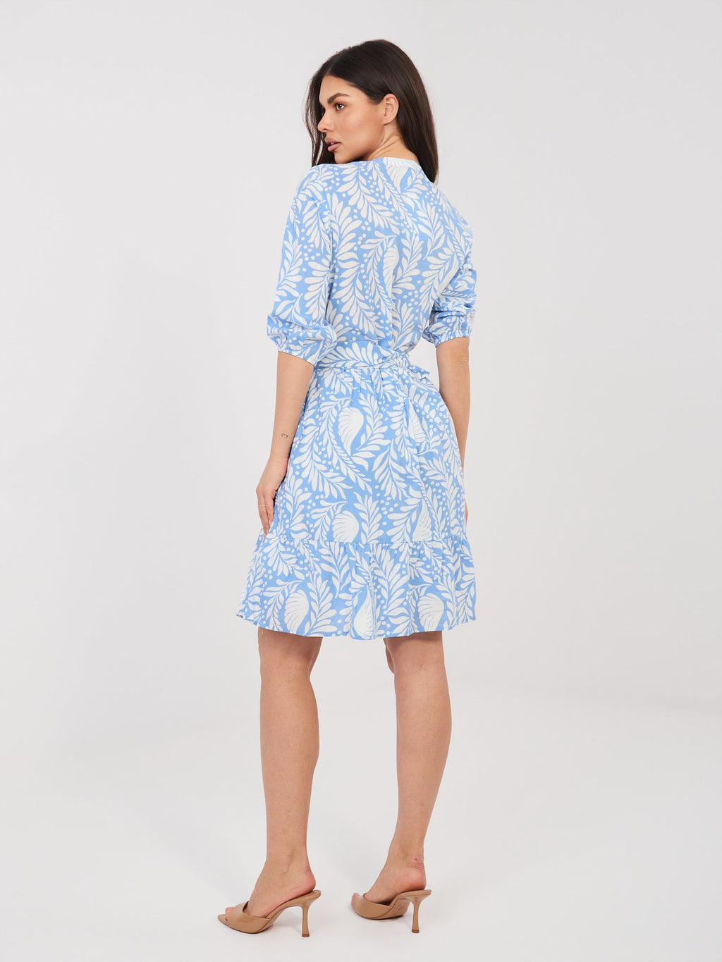 Abito in Viscosa a Fiori con Maniche Sbuffo e Volant