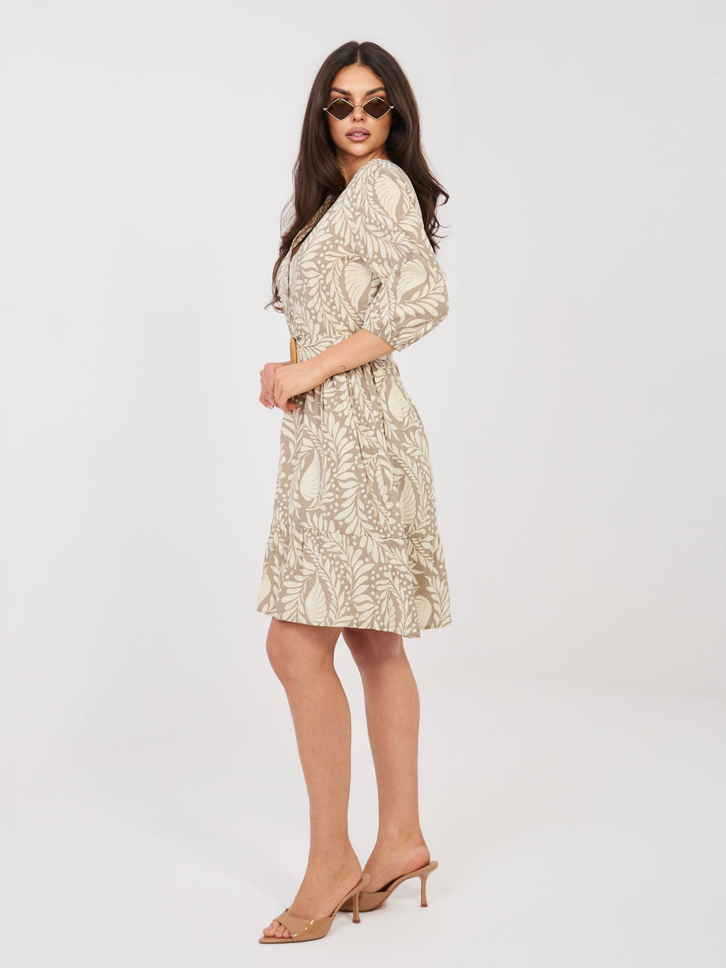 Abito in Viscosa a Fiori con Maniche Sbuffo e Volant