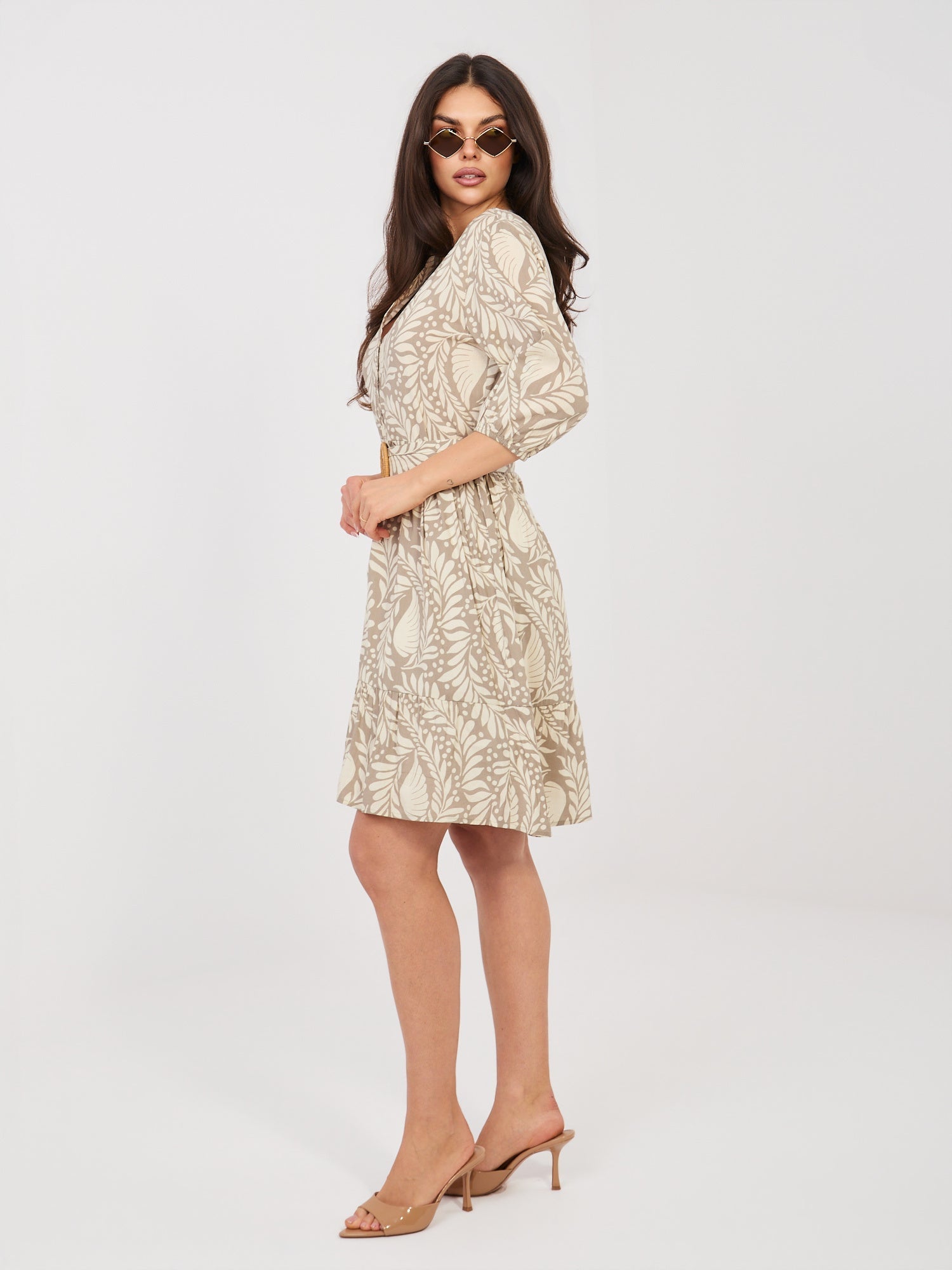 Abito in Viscosa a Fiori con Maniche Sbuffo e Volant