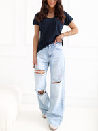 T-shirt in Cotone Stretch con Scollo a V (Emory) - Blu